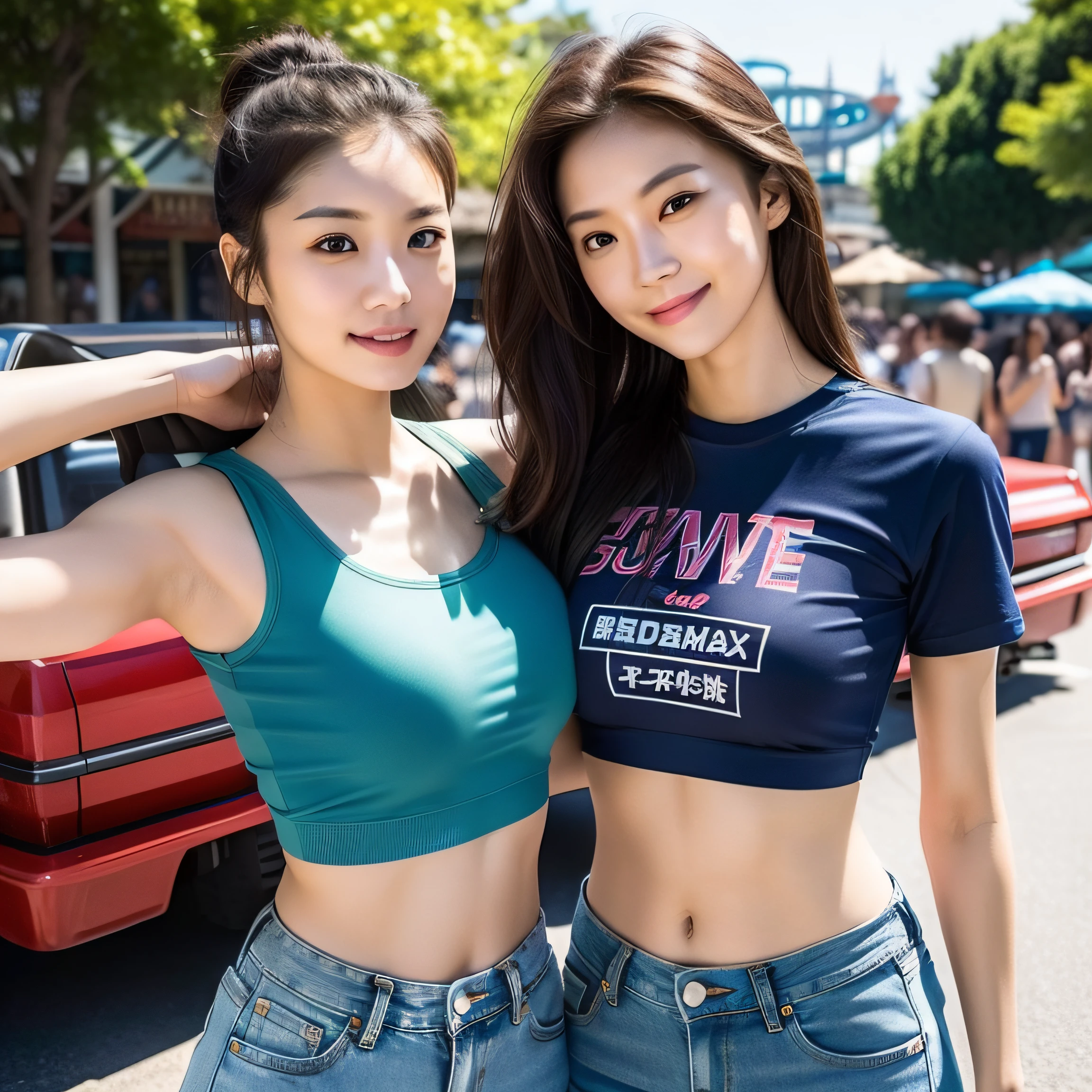 ultra-detailed, 1 girl, Asian, slim athletic body, realistic skin texture, long hair, (breasts:1.1), smile, gaze at viewer, cropped T-shirt, skinny T-shirt, tight open-cut top, denim hot pants shorts, movie lighting, face focus, fine eyes, detailed face, well lit face, sunny day, theme park in background