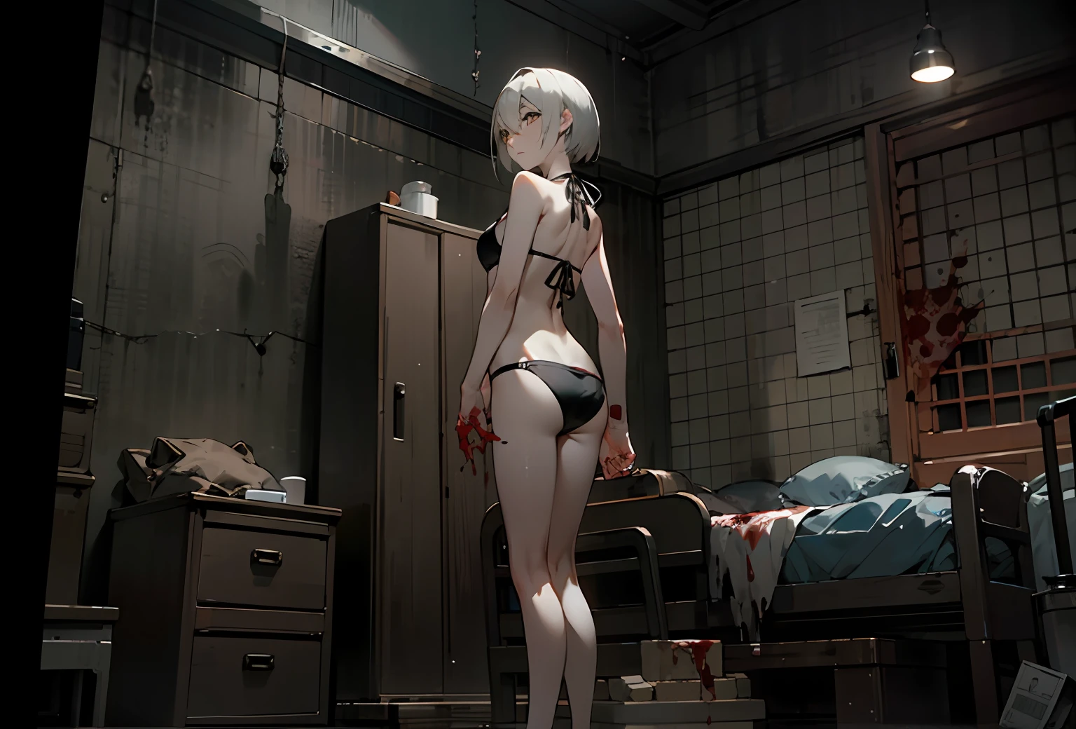 Early s at Bikini Japan!, Slender Japan Child!, Teengirl standing in room!, background of hell. gore, Slender Teen Mod Rusty Silent Hill, bottom shot, Corpse in the background, noire moody scene, creepy pose, ominous figure in the background, Silent Hill Style, Woman standing in room, bikini of. background of hell. gore, supermodel in silent hill, Dominant pose, Rusty Silent Hill, bottom shot, Corpse in the background, noire moody scene, creepy pose, Bloody bed in the background!, Screenshots of Silent Hill 3 Game, videogame screenshot>, Screenshot, Silent Hill Style, cutscene