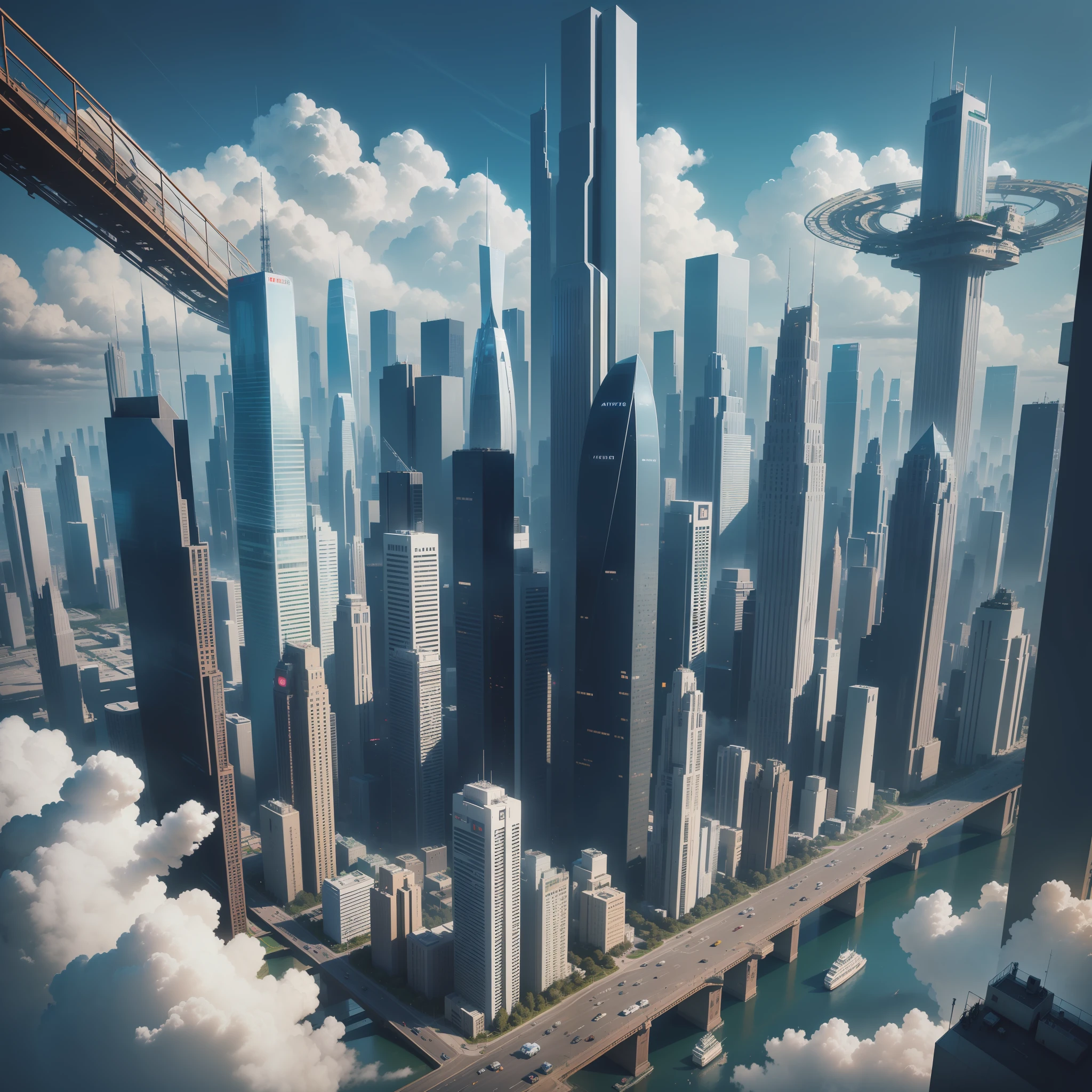 (mastepiece: 1.3), best quality, ultra-detailed, The utopian urban future world, Sky City, cyberpunked, Skyscrapers, on clouds, SF, Beautiful fece, (High-resolution buildings: 1.2)