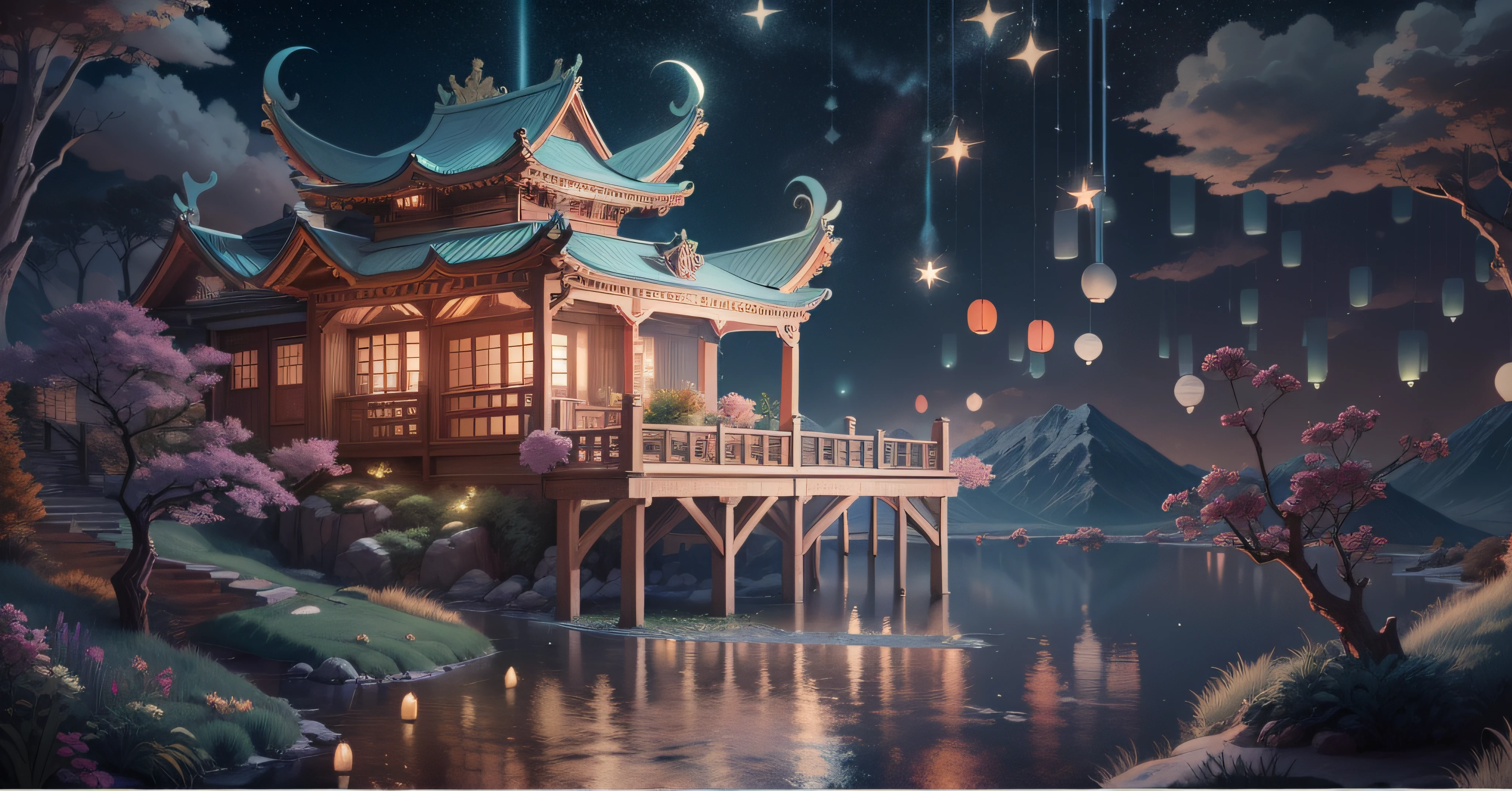 tmasterpiece，Best quality at best，（Very detailed CG unity 8K wallpaper），（Best quality at best），（The best illustrations），paper lanterns、China-style、inside in room，Panoramic window sills、（Huge Full Moon、super moon、In the middle of thepicture）、Far Mountain、Cloud、aquarelle、lakes、As estrelas、meteors、poster for、（glowworm），butterflys，（with light glowing），（Particle effect）， Isometric 3D, Octane rendering, Ray traching, ultra-detailliert