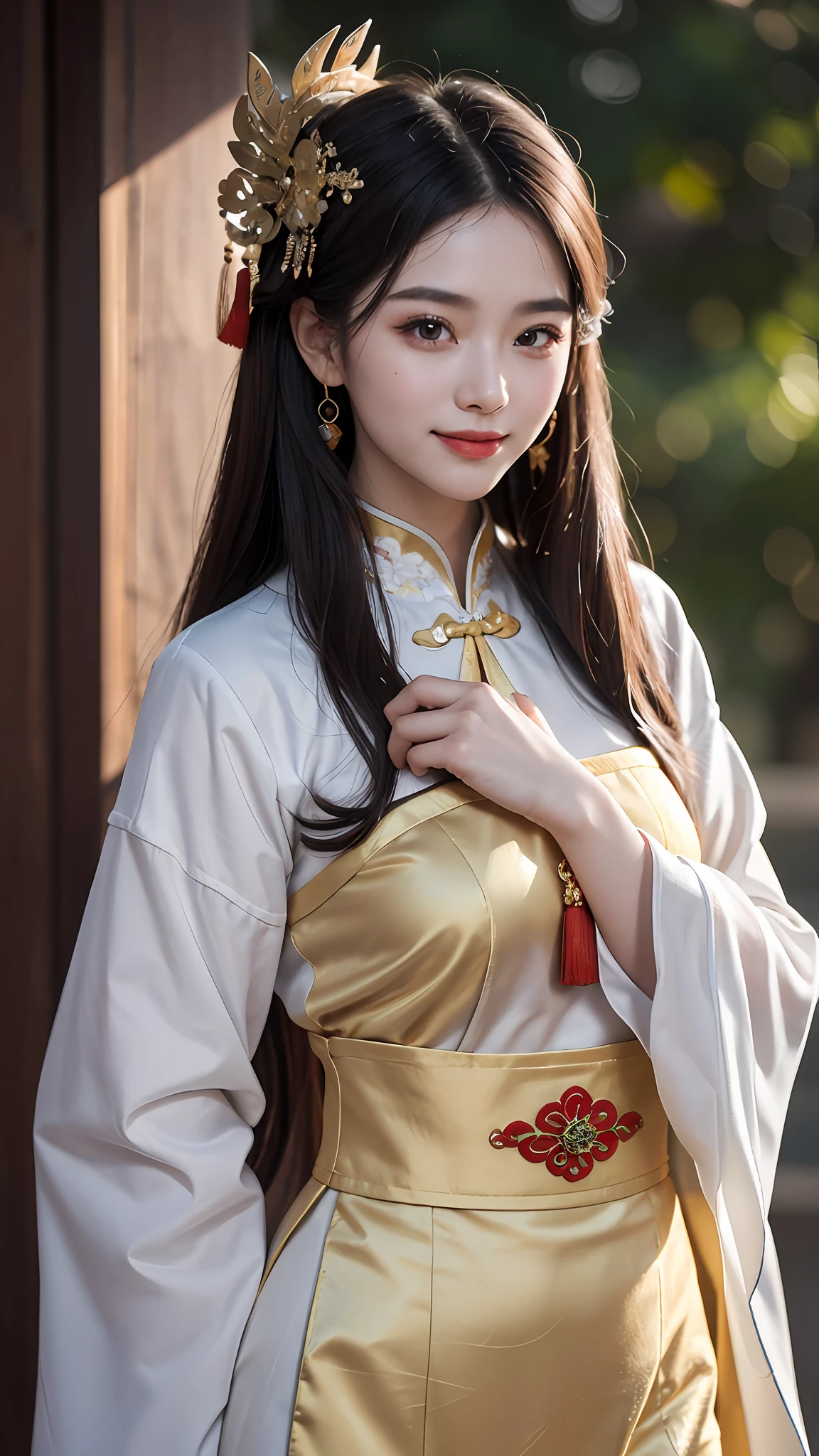 Best quality, masterpiece, ultra high res, photorealistic, (full shot:1.5), (1 girl),(long hair),(hair ornament:1.4),there is an ancient palace beside the girl, traditional chinese clothing, sharp focus, great body, random pose reference, monolid eyes, high bridged pointed nose, v-shaped face, pale skin, smile, bokeh