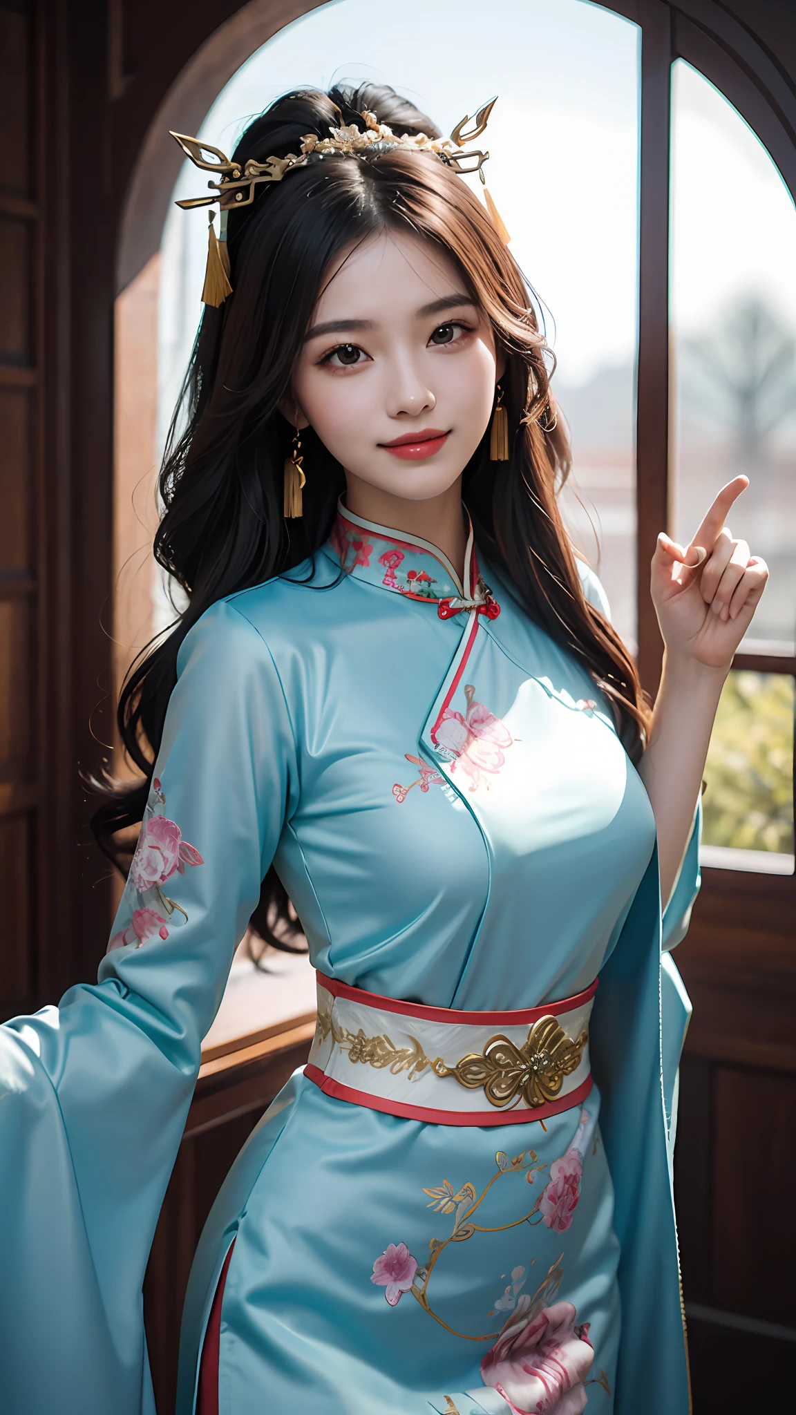 Best quality, masterpiece, ultra high res, photorealistic, (full shot:1.5), (1 girl),(long hair),(hair ornament:1.4),there is an ancient palace beside the girl, traditional chinese clothing, sharp focus, great body, random pose reference, monolid eyes, high bridged pointed nose, v-shaped face, pale skin, smile, bokeh