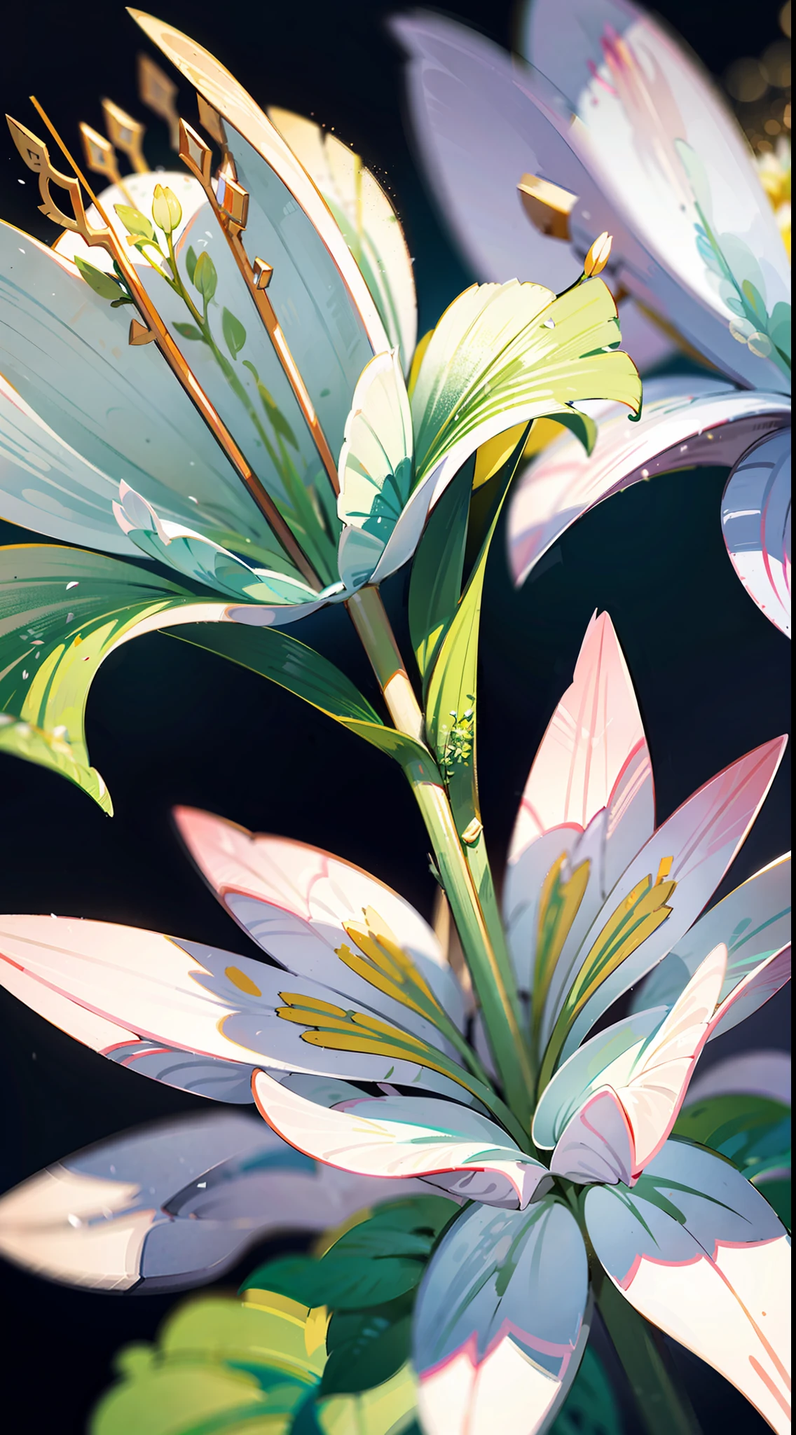 Close-up of lilies, high-precision picture quality, beautiful white background showing a lily picture. White lilies bloom towards us in pictures, capturing every corner of the human eye. The details of the petals are delicate and gorgeous, the exotic ears take on a sense of mystery, and the glowing details make the flowers look even more delicate. Improve the details of the stem and flower of the cosmic lily to make the picture more perfect.