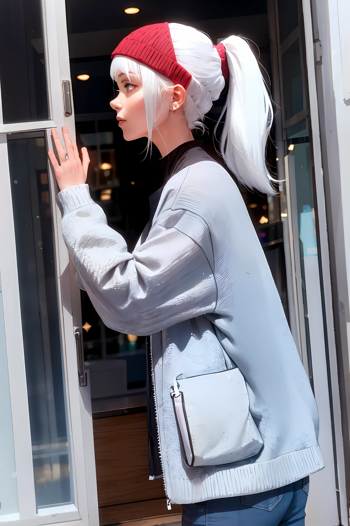 A white haired woman with high ponytail leaning against window 4k HD
