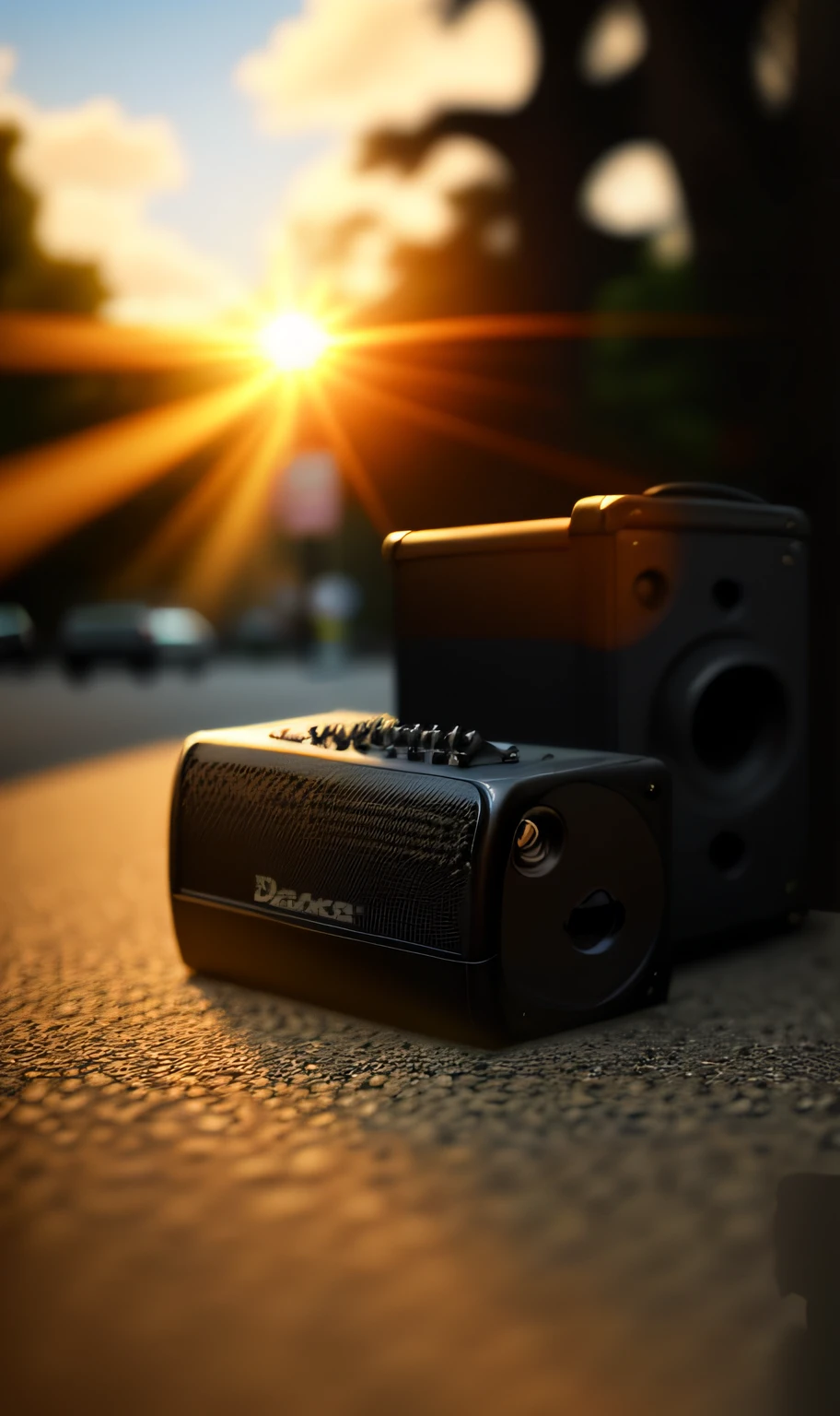 Black sound system,bright daylight,hyper HD, Masterpiece, High quality, 4K, Best quality, fotografia do produto,Plaza,parks,the ground,guitar,music instrument,
