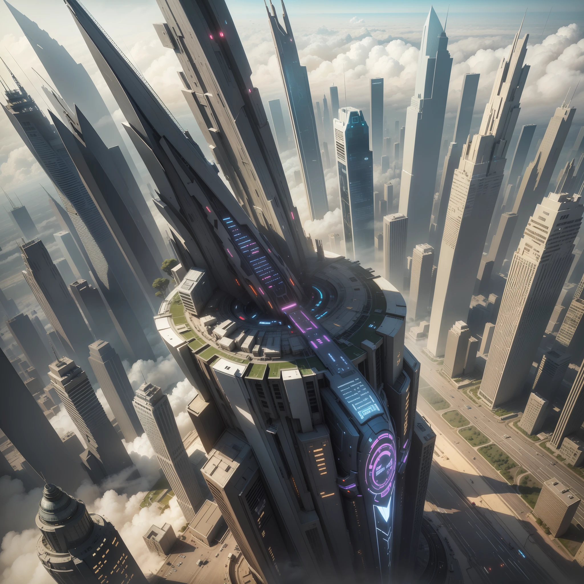masterpiece), top-quality, super-detailed CG, A futuristic world, cyberpunked, 超A high resolution, Skyscrapers towering above the clouds.