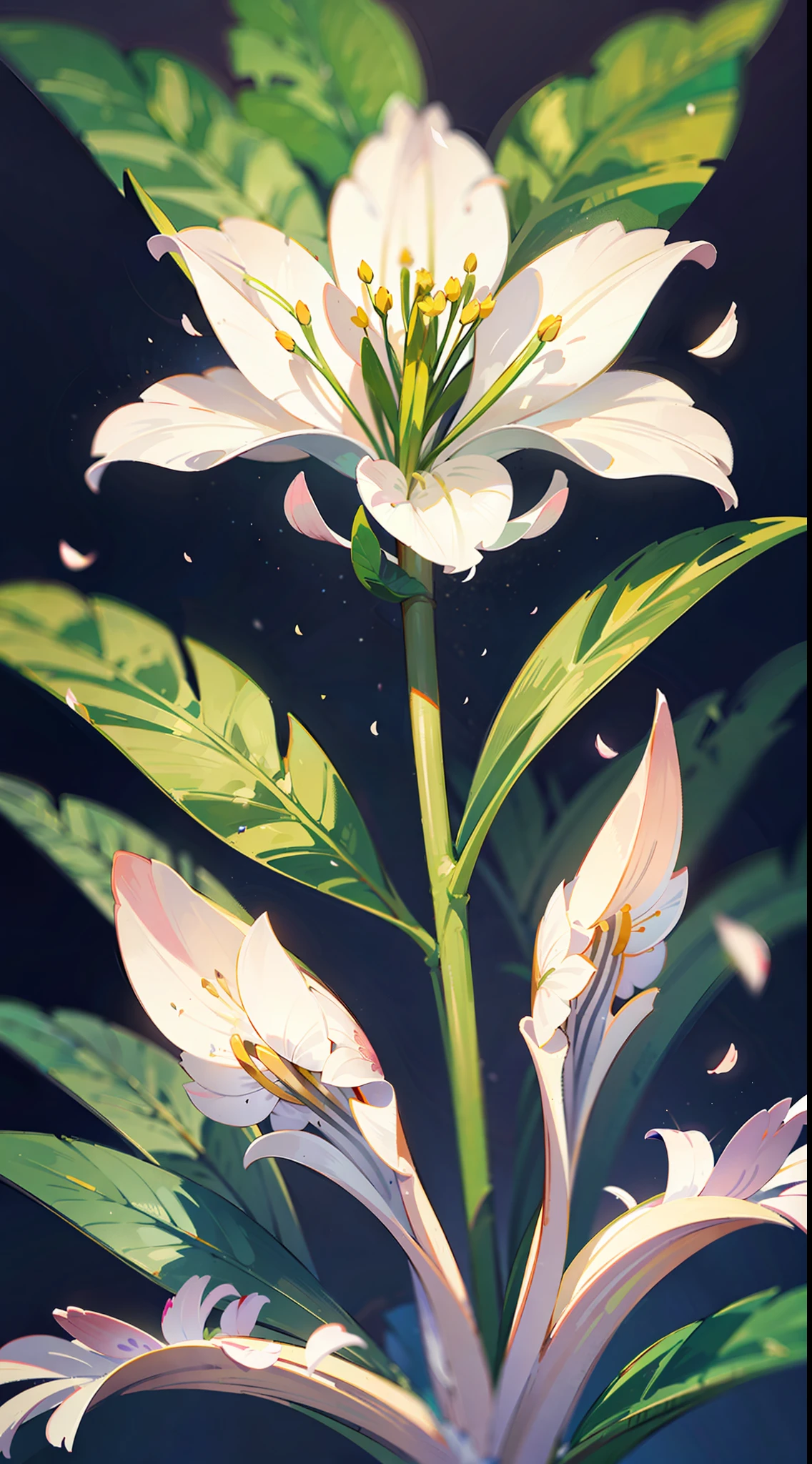 Close-up of lilies, high-precision picture quality, beautiful white background showing a lily picture. White lilies bloom towards us in pictures, capturing every corner of the human eye. The details of the petals are delicate and gorgeous, the exotic ears take on a sense of mystery, and the glowing details make the flowers look even more delicate. Improve the details of the stem and flower of the cosmic lily to make the picture more perfect.