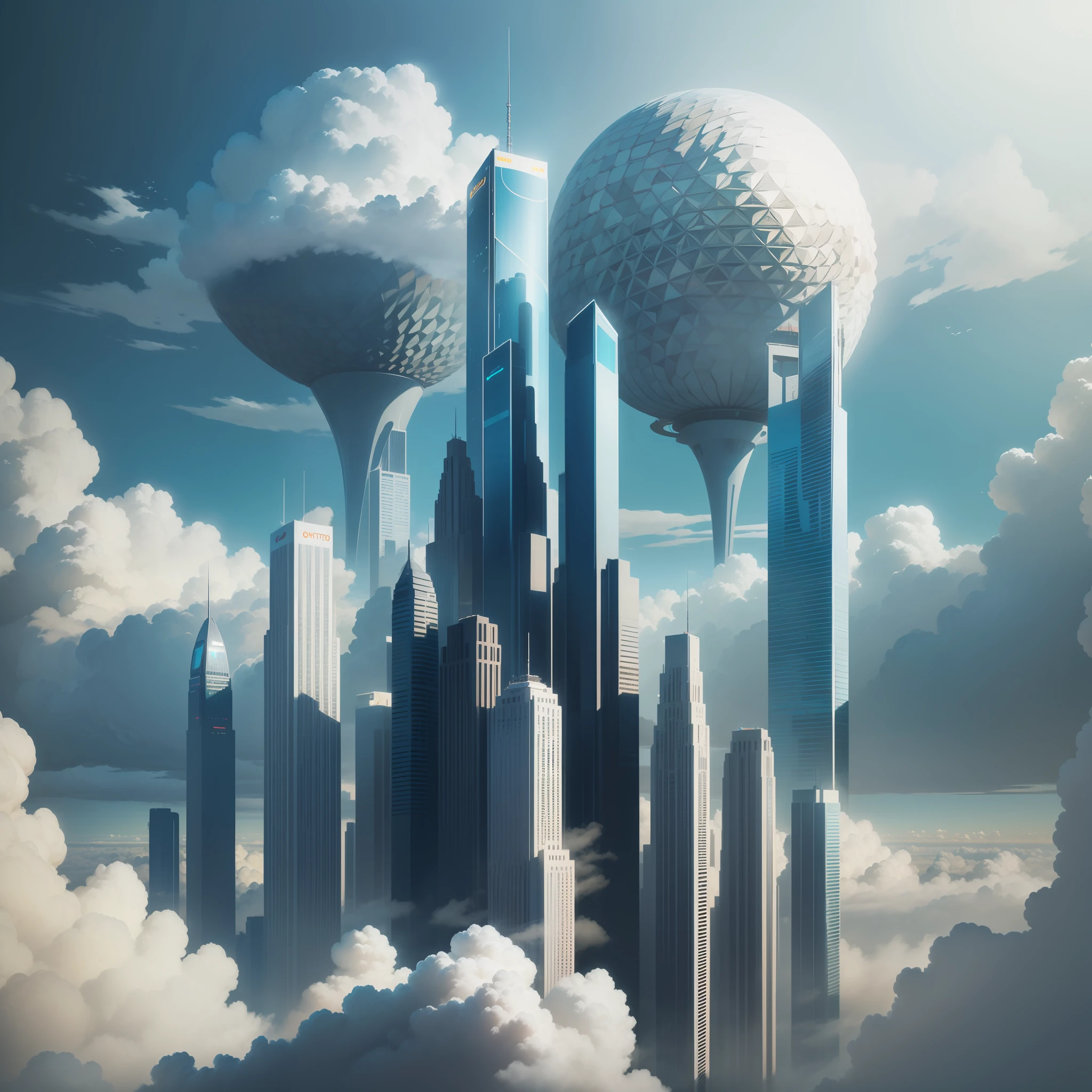 Skyscrapers towering above the clouds　cyberpunked　epcot　SF Top Quality　​masterpiece　超A high resolution　dream