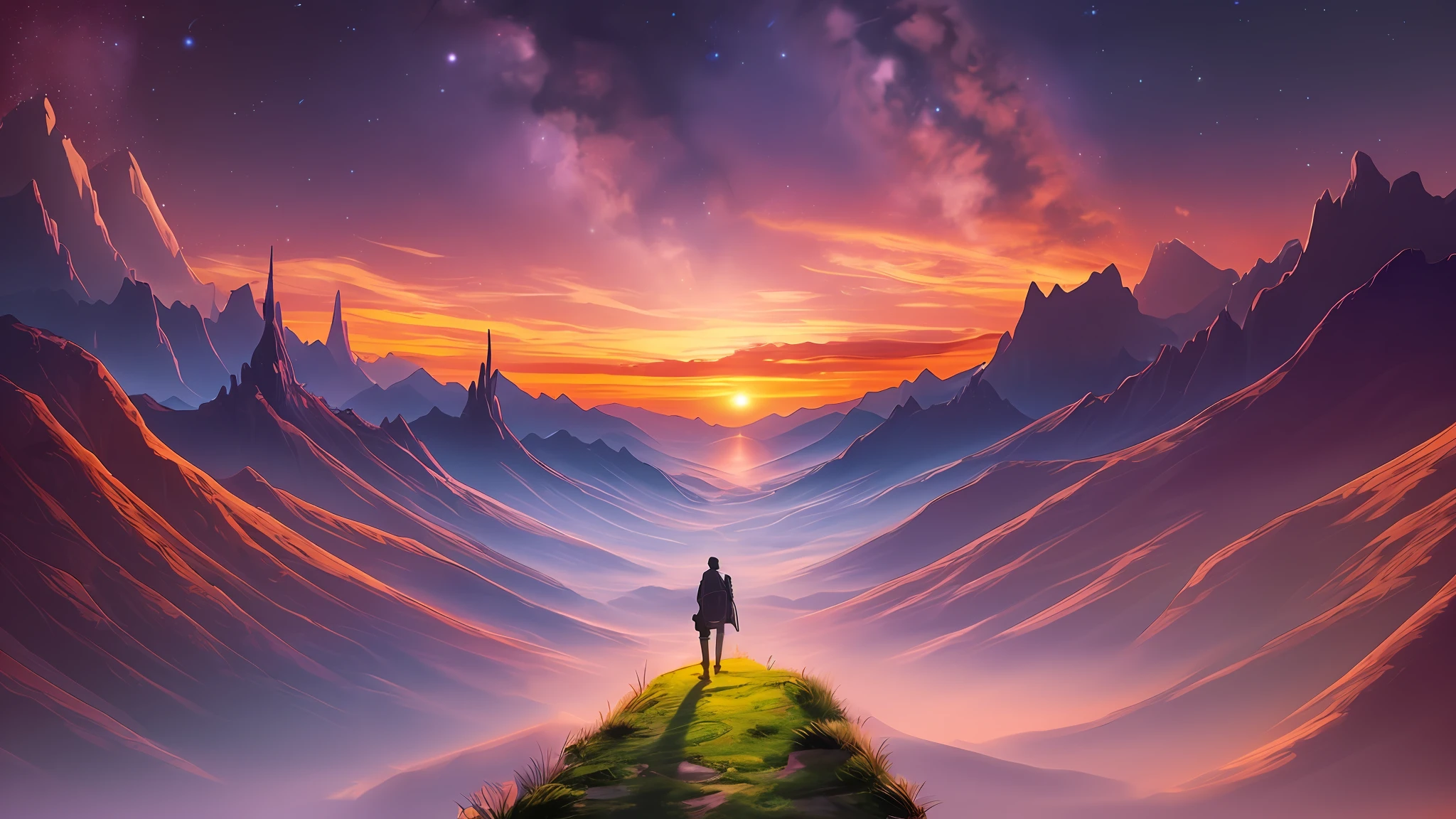 a vibrant fantasy landscape, sunset, galaxy --auto --s2