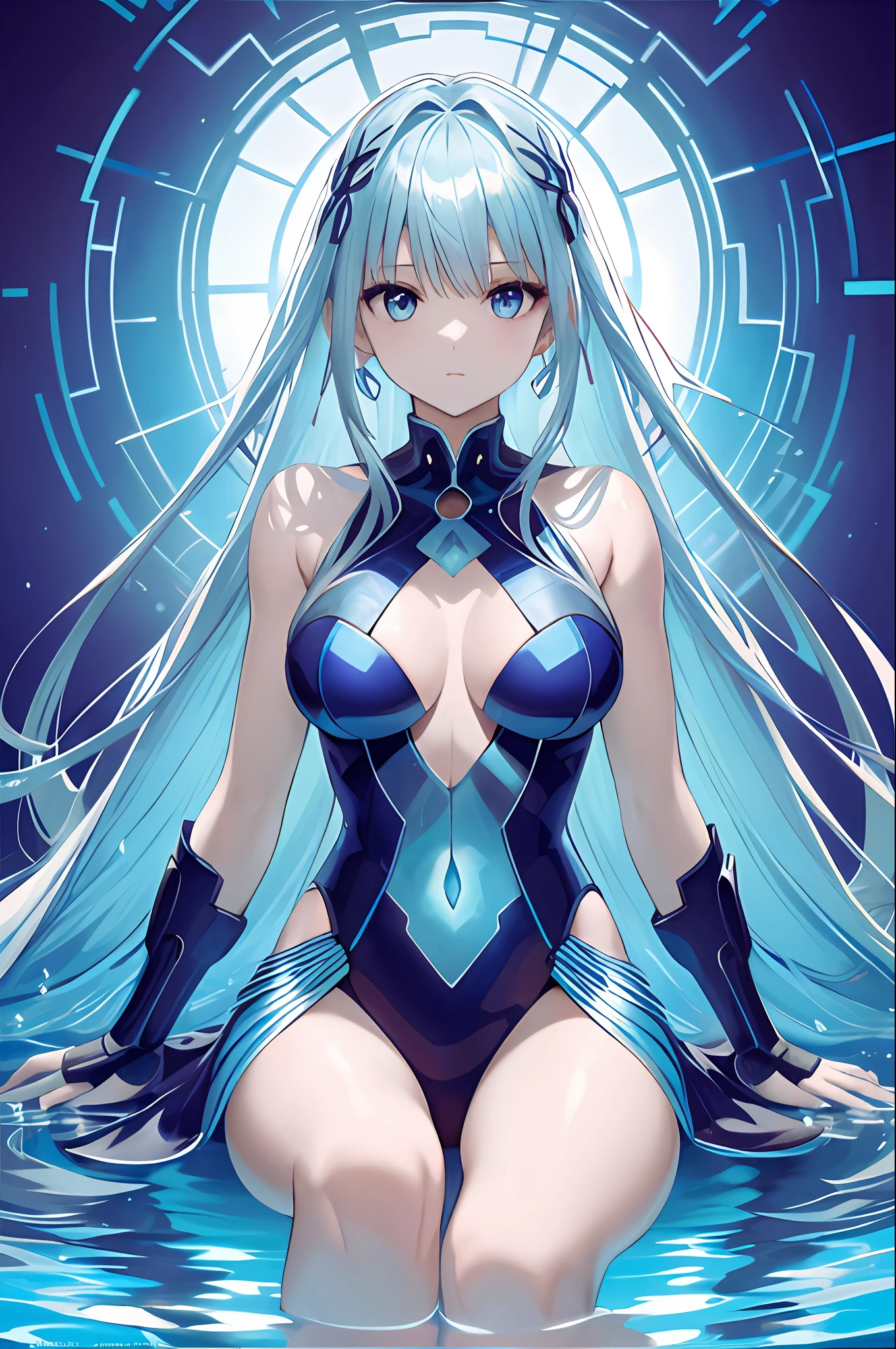 Anime girl in blue dress sitting in water, perfect android girl, anime goddess, biomechanical oppai, Seductive Anime Girl, knights of zodiac girl, Mikudayo, advanced digital anime art, android heroine, digital anime art, portrait knights of zodiac girl, digital art on pixiv, with glowing blue lights, Glowing blue, blue aura