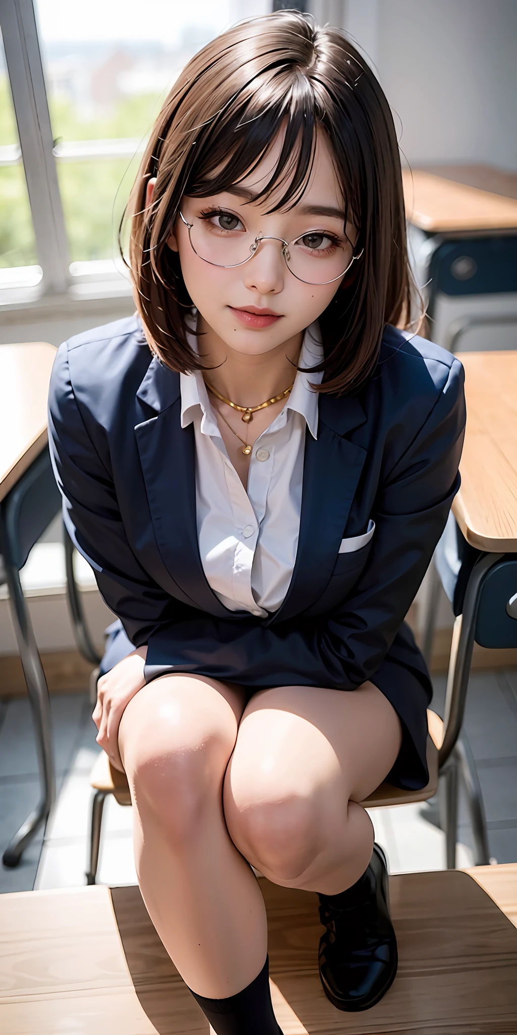 ((8k,RAW photos,top Quority,tmasterpiece),HD RAW color photo professional close-up Photograph,(realisticlying,realisticlying:1.37),(HighestQuali),(best shadow),(Most Best Illustration),鎖骨((The large)),((pornography,Raised sexy,超高分辨率,High-definition CG unity 8K wallpapers,physically-based renderingt,cinmatic lighting),(aegyo sal:1),18 years old girls,(grey blazer,ribbons,sockes,High School Uniforms:1.2),high school classroom, beatiful detailed eyes,Light on the face,((full body shot shot:1.2)),Particularly bright light,(Upper Eye,grinning smile:1.2),shiny skins,(((brunette color hair,bob hair:1.2))),(thick thight),ulzzang-6500-v1.1:0.2,is shy,(flash lights:1.2),NSFW,(puffynipple),((tempting pose:1.2,big breasts enchanting:1.2)),(idle),(Sit at a desk in the classroom:1.2)),((Good anatomy:1.2)),((Bright and refreshing classroom,The background is blurred out: 1.2)),s the perfect face,cute face,(high-angle shot:1.2)Sven glasses