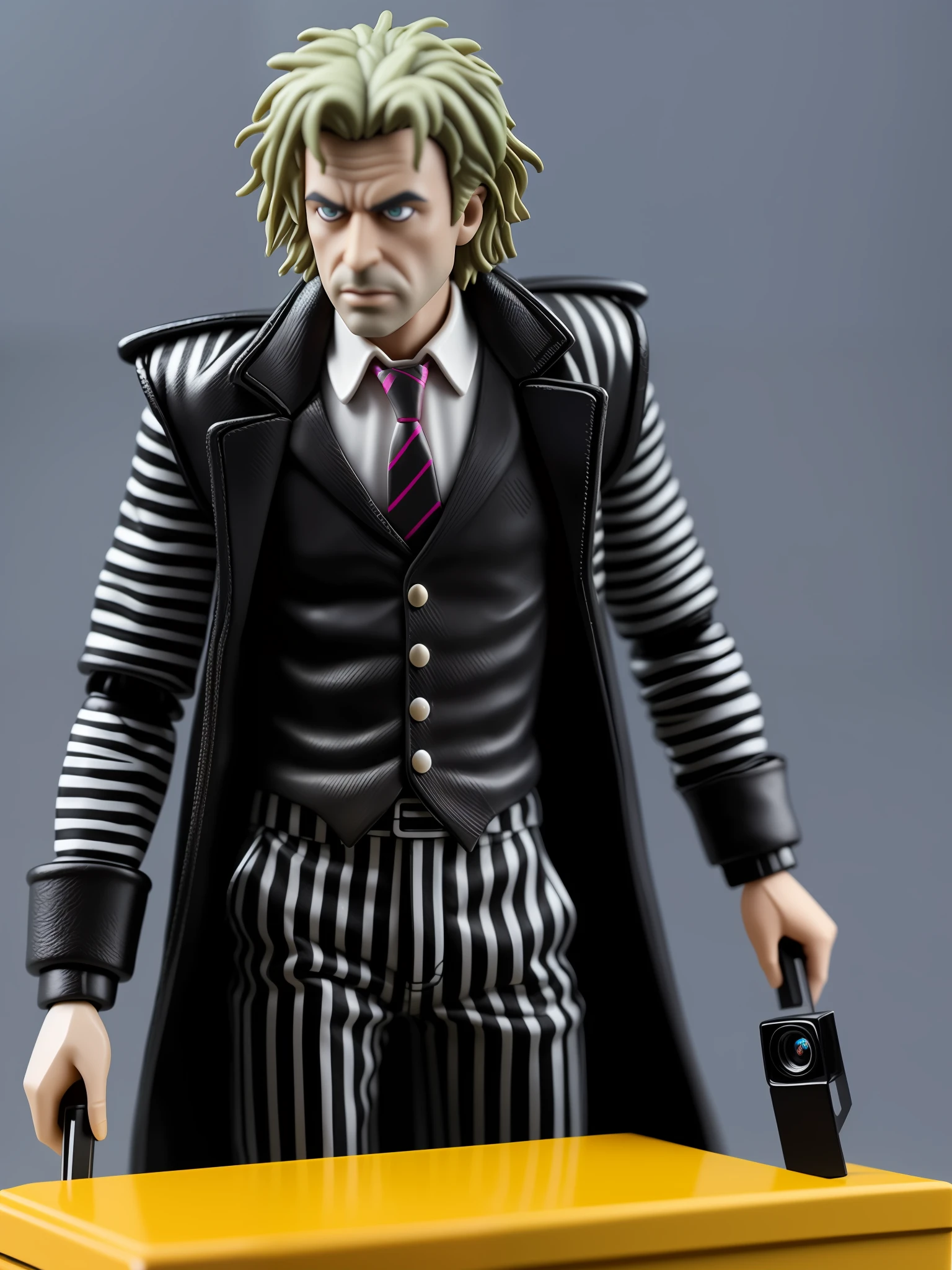 Beetlejuice (TV characters) Action Figure with accessories, Action Figure Box Design, Taken with Professional Camera, Hyper Realistic Photography, Depth of Field, 8K