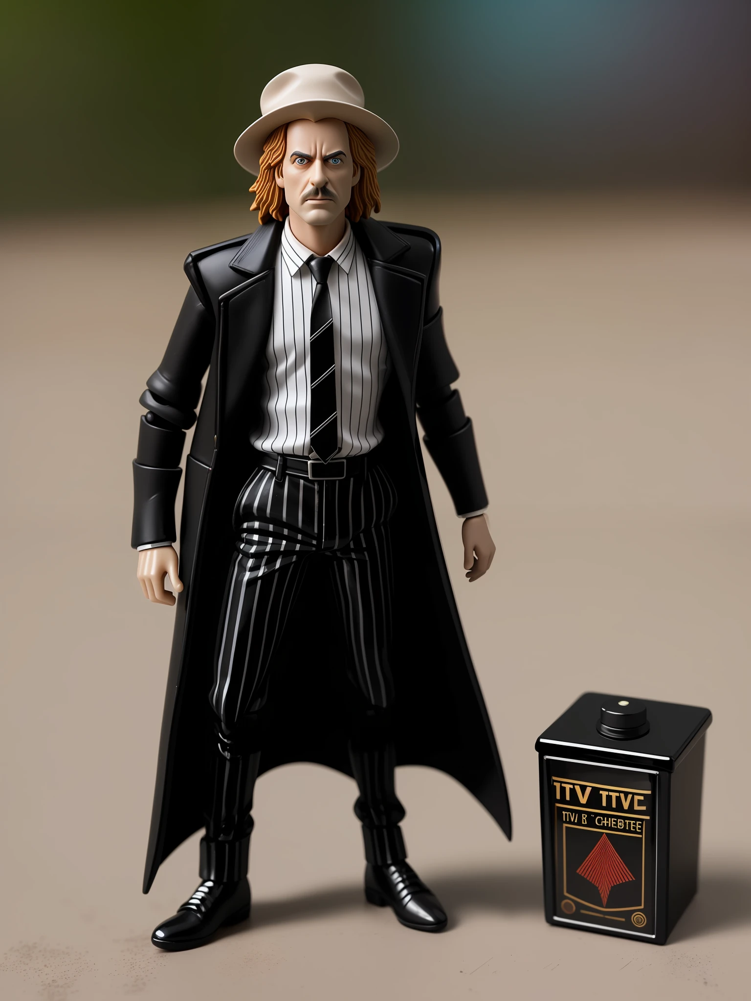 Beetlejuice (TV characters) Action Figure with accessories, Action Figure Box Design, Taken with Professional Camera, Hyper Realistic Photography, Depth of Field, 8K