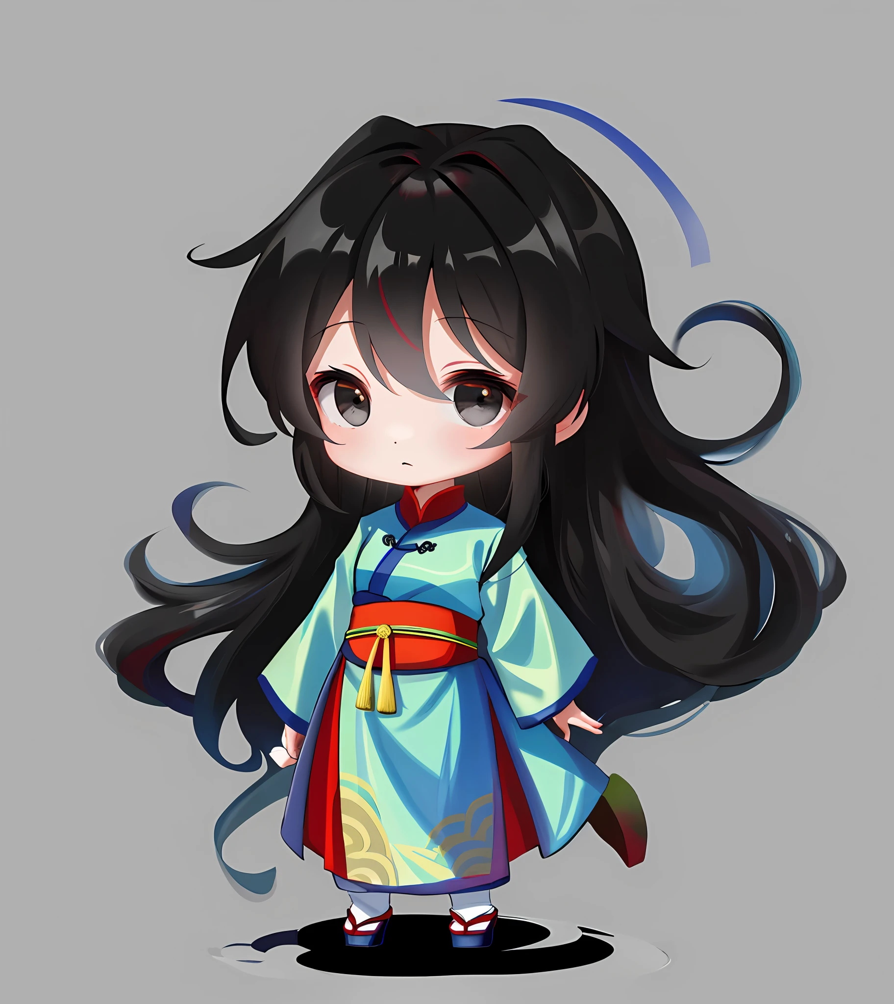 Best quality, masterpiece, high resolution, (1 girl: 1.6), (chibi: 1.6), standing, sideways, (ancient Chinese clothes: 1.2), long black hair, black eyes, white background, simple background