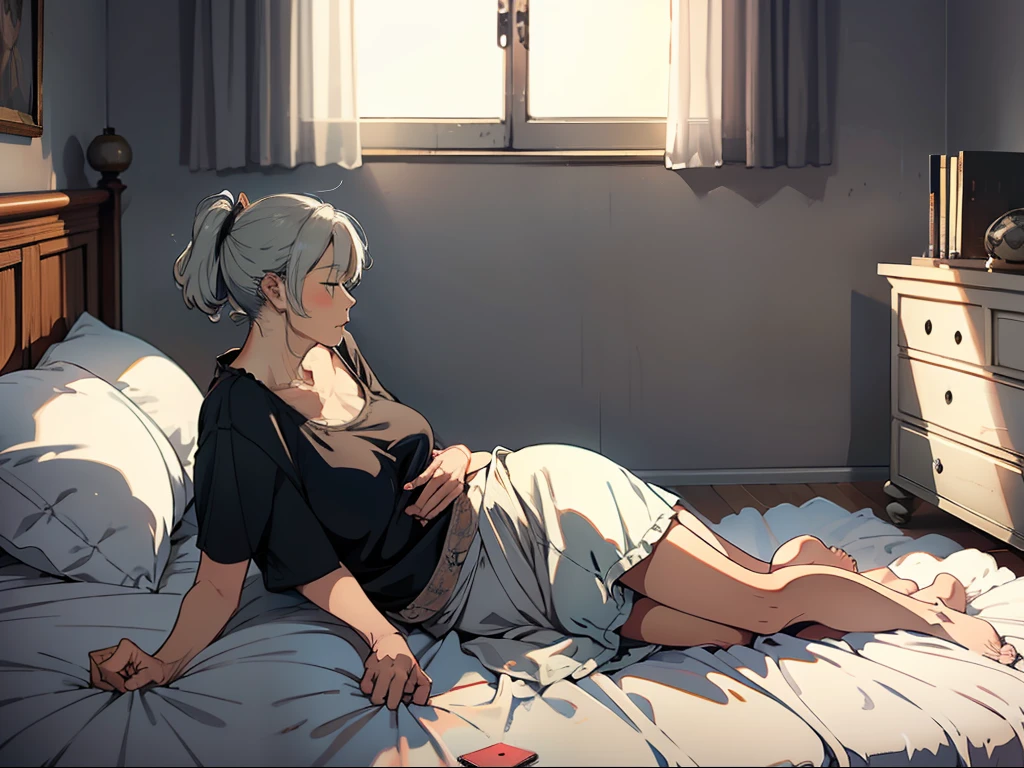 （A gray-haired grandmother lay on the bed），Shabby room with background