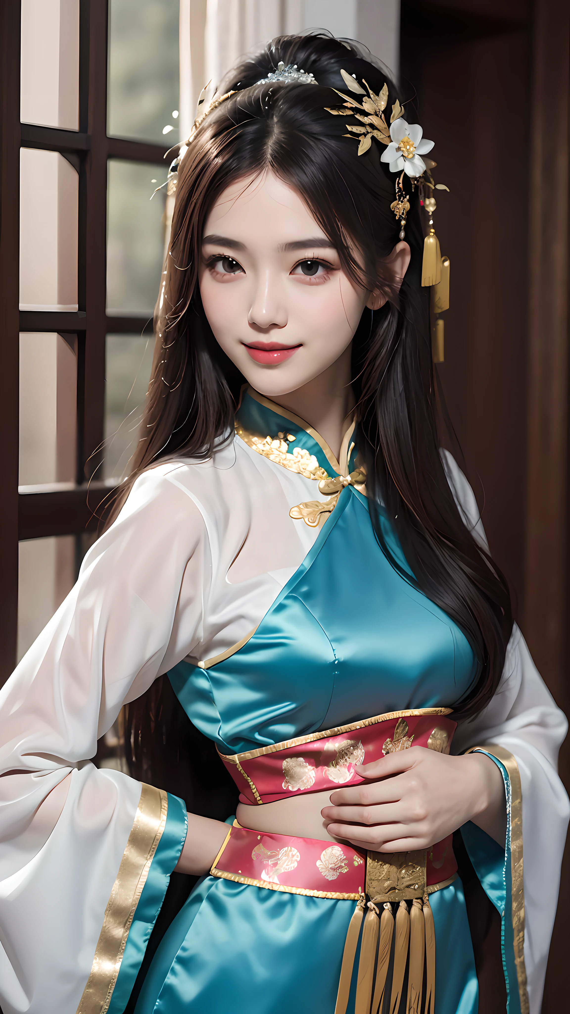 Best quality, masterpiece, ultra high res, photorealistic, (full shot:1.5), (1 girl),(long hair),(hair ornament:1.4),there is an ancient palace beside the girl, traditional chinese clothing, sharp focus, great body, random pose reference, monolid eyes, high bridged pointed nose, v-shaped face, pale skin, smile, bokeh