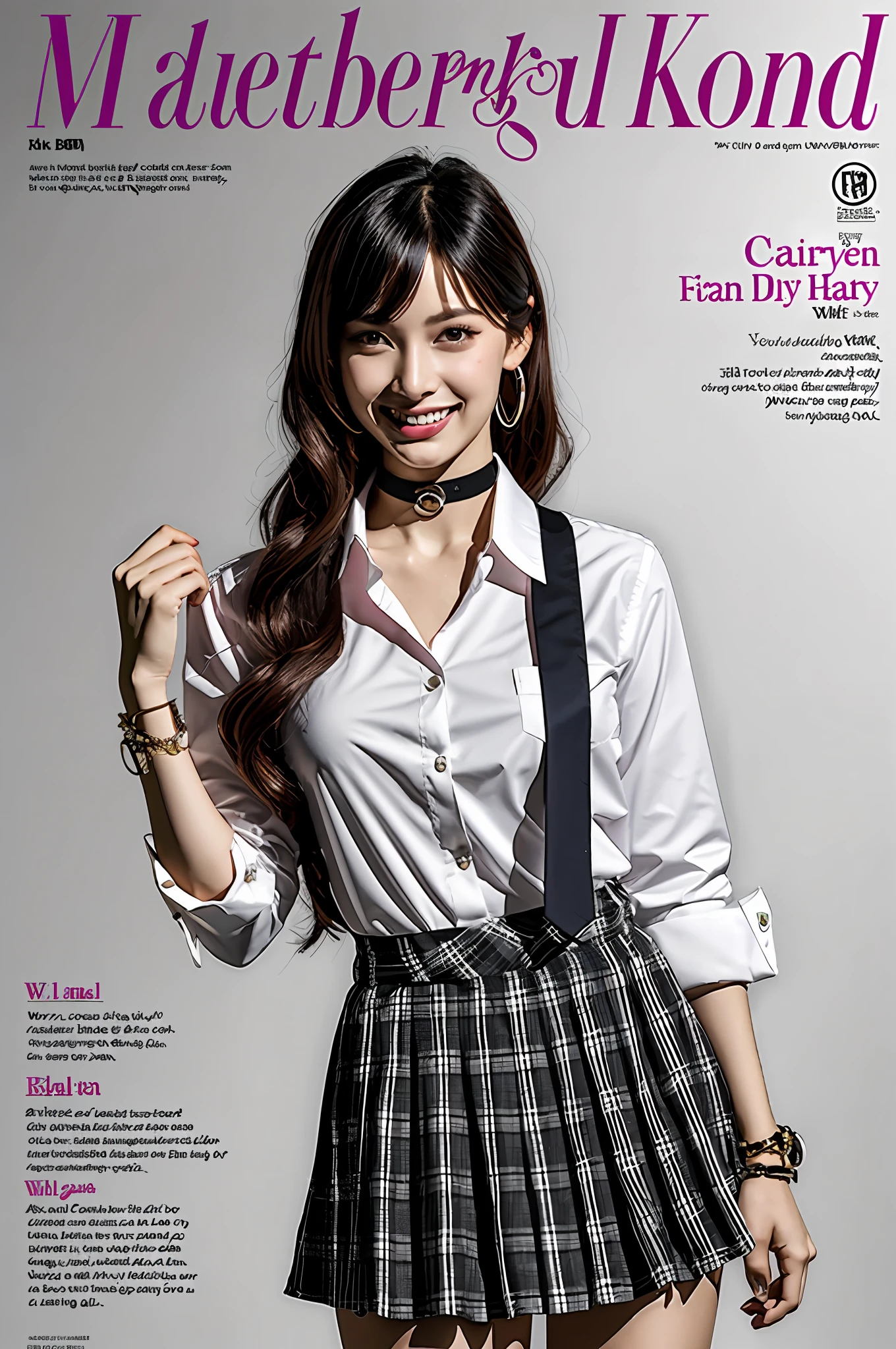 masterpiece, best quality, full body, 1girl, bangs, black choker, black necktie, black hair, blue skirt, blush, bracelet, breasts, choker, clothes around waist, collarbone, collared shirt, cowboy shot, dress shirt, ear piercing, eyebrows visible through hair, gradient hair, grin, gyaru, jewelry, kogal, long hair, looking at viewer, loose necktie, necktie, piercing, plaid, plaid skirt, pleated skirt, red eyes, ring, school uniform, shirt, skirt, smile, solo, white shirt, street, sky, cherry blossoms, petals,illustration, (magazine:1.3), (cover-style:1.3), fashionable, woman, vibrant, outfit, posing, front, colorful, dynamic, background, elements, confident, expression, holding, statement, accessory, majestic, coiled, around, touch, scene, text, cover, bold, attention-grabbing, title, stylish, font, catchy, headline, larger, striking, modern, trendy, focus, fashion,