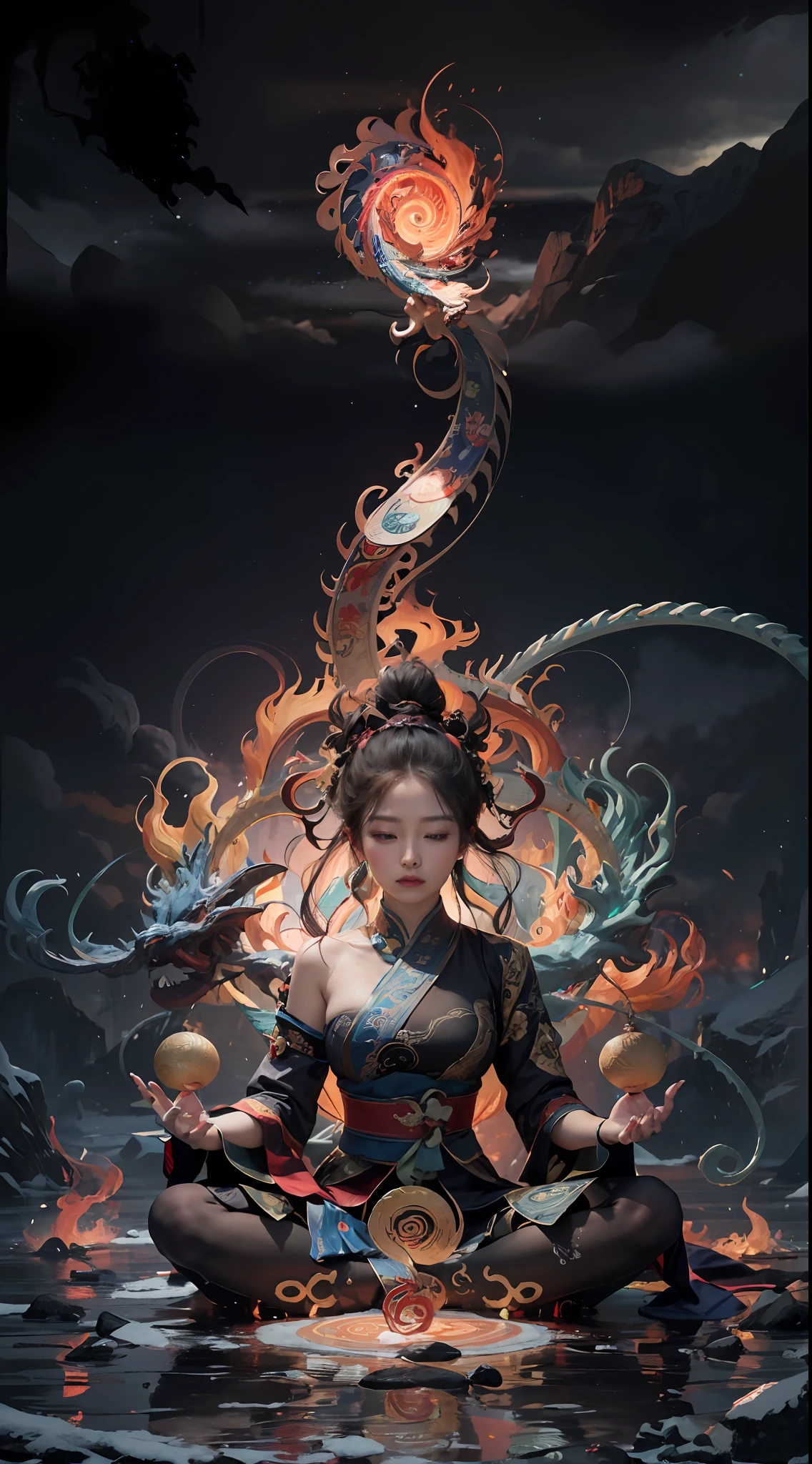 (harmony, balance, yin-yang), Chinese silk painting, Tai Chi principles, fluid motion, interconnected elements, the interplay of contrasting forces, Daoist philosophy, a touch of the I Ching, warm and cool color palette, reflective art, inspired by Laozi, Zhuangzi, Yin Yang diagrams, Taijitu, the Bagua, the fusion of the spiritual and the physical,1girl,solo, grabbing breasts,, daoist, summon magic, cinematic lighting, fire and ice split, bagua background, circular bagua, yi yang, daoist practice, mediation sit, buddha sit, spiral loong, cloud loong at the top,
