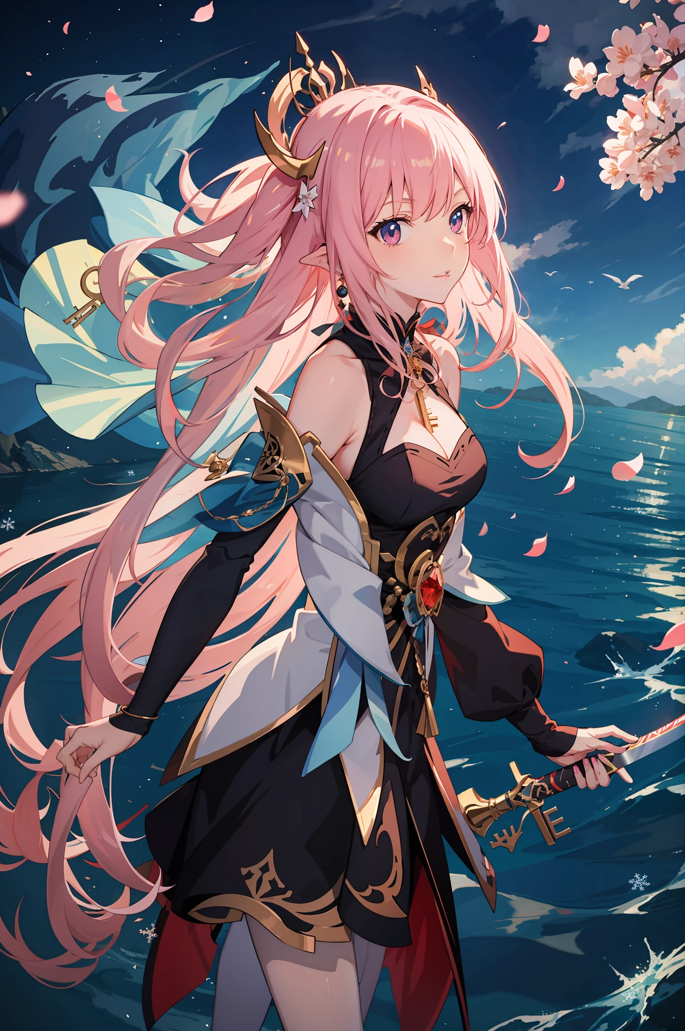 Anime girl with long pink hair and a sword standing in front of a body of water, Portrait Chevaliers du Zodiaque Fille, Ayaka Genshin impact, Best anime 4k konachan wallpaper, Kushatt Krenz Key Art Women, Detailed key anime art, Anime art wallpaper 4k, Anime art wallpaper 4 K, Anime art wallpaper 8 K(Snowflake tiara:1.2)Clear eyes