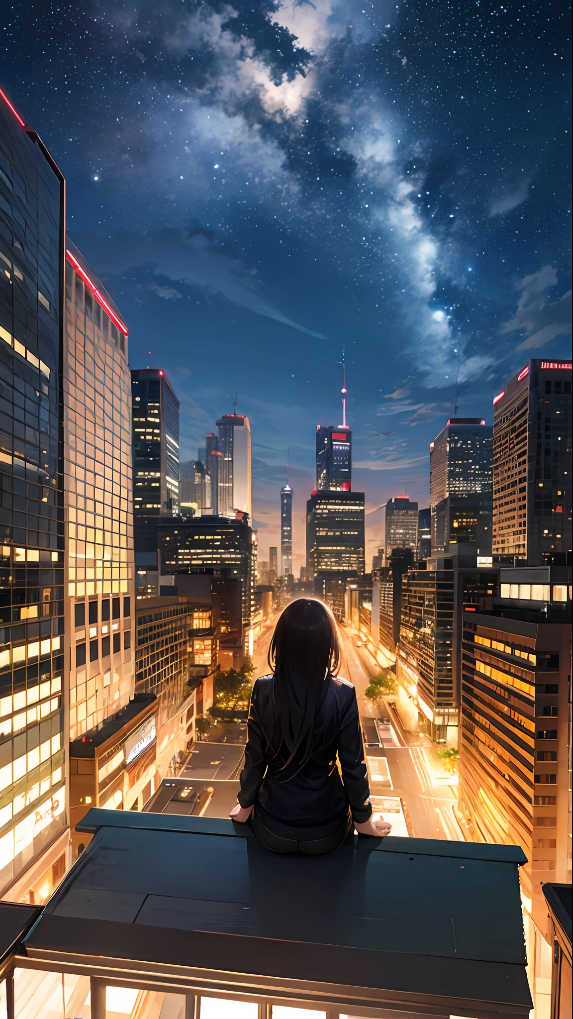 octans, sky, star (sky), scenery, starry sky, night, 1girl, night sky, solo, outdoors, building, cloud, milky way, sitting, tree, long hair, city, silhouette, cityscape