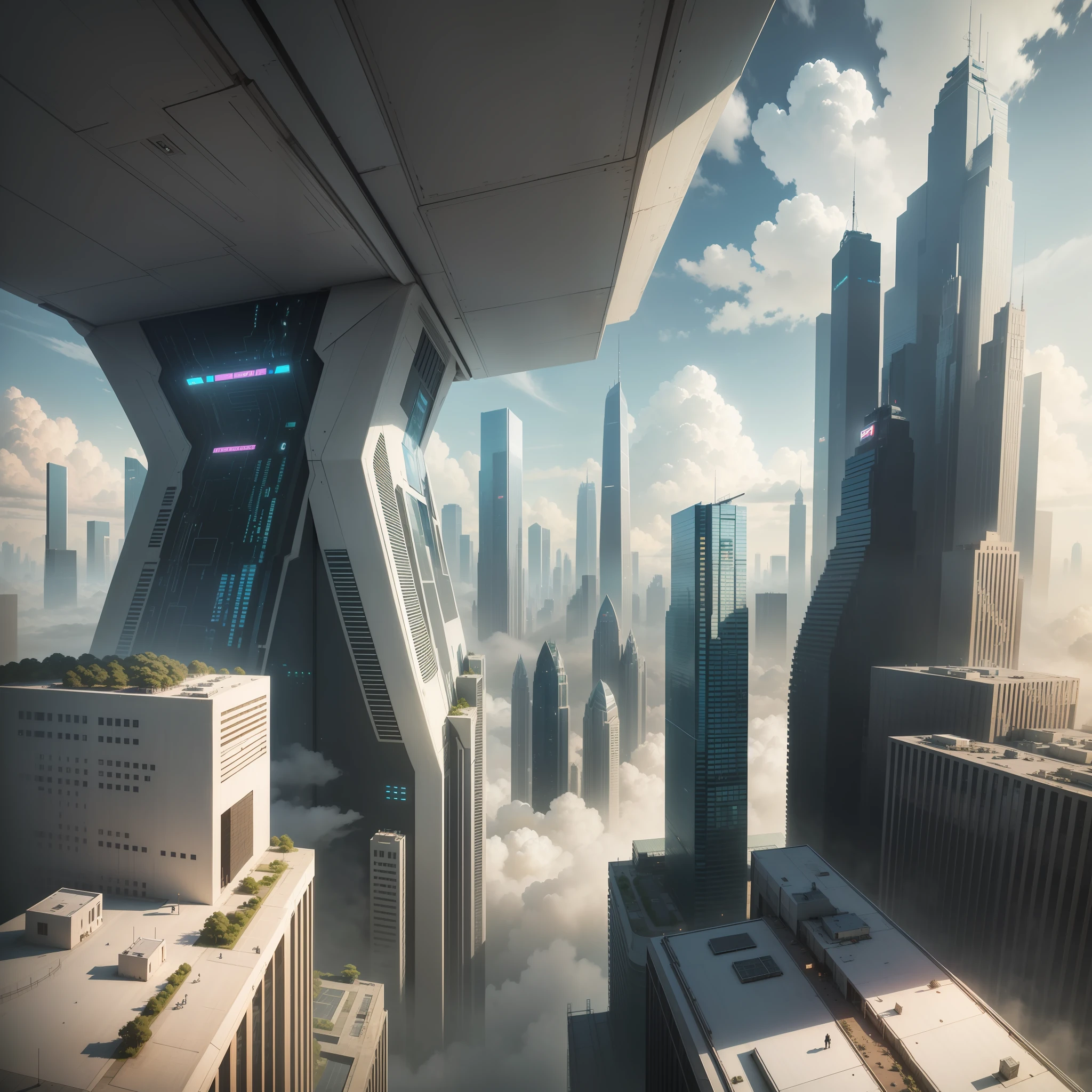 (masterpiece), top-quality, super-detailed CG, A futuristic world, cyberpunked, 超A high resolution, Skyscrapers towering above the clouds.