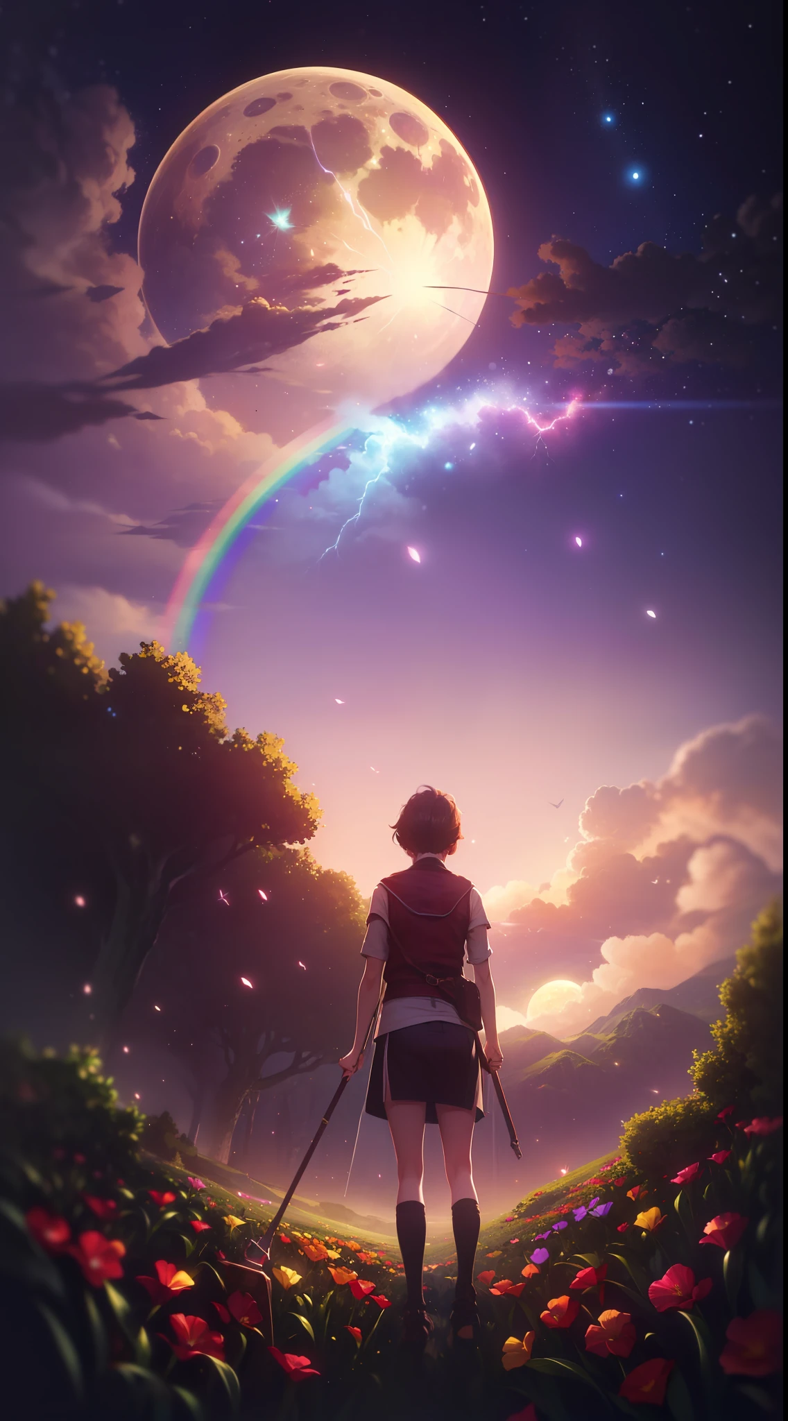 Vast landscape photos、(The sky is up as seen from below、The field is down)、Girl standing in a flower garden and looking up、(fullmoon:1.2)、(meteors:0.9)、(nebulas:1.3)、mountain in the distance々、The tree々 BREAK Craft Art、(Warm light:1.2)、(fireflys:1.2)、A light、lightning bolt、Lots of Purples and Oranges、intricate detailes、voluminous lighting、Realism Break(​master piece: 1.2), (Top image quality), 8K, The ultra-detailliert, (dynamic compositions: 1.4), ighly detailed, Colorful Detail, (Rainbow Color: 1.2), (Glow lighting, Atmosphere Lighting), dream-like, Magical, (独奏: 1.2)