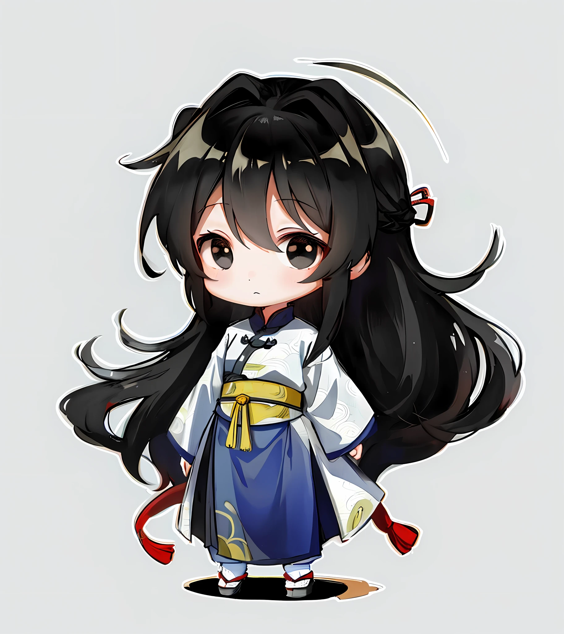 Best quality, masterpiece, high resolution, (1 girl: 1.6), (chibi: 1.6), standing, sideways, (ancient Chinese clothes: 1.2), long black hair, black eyes, white background, simple background