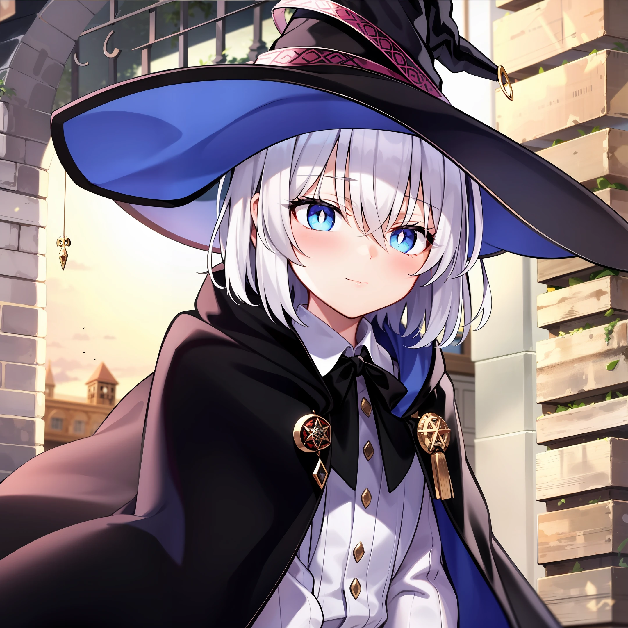 White hair, short hair, witch hat, black cape, blue pupils, two-dimensional, high quality