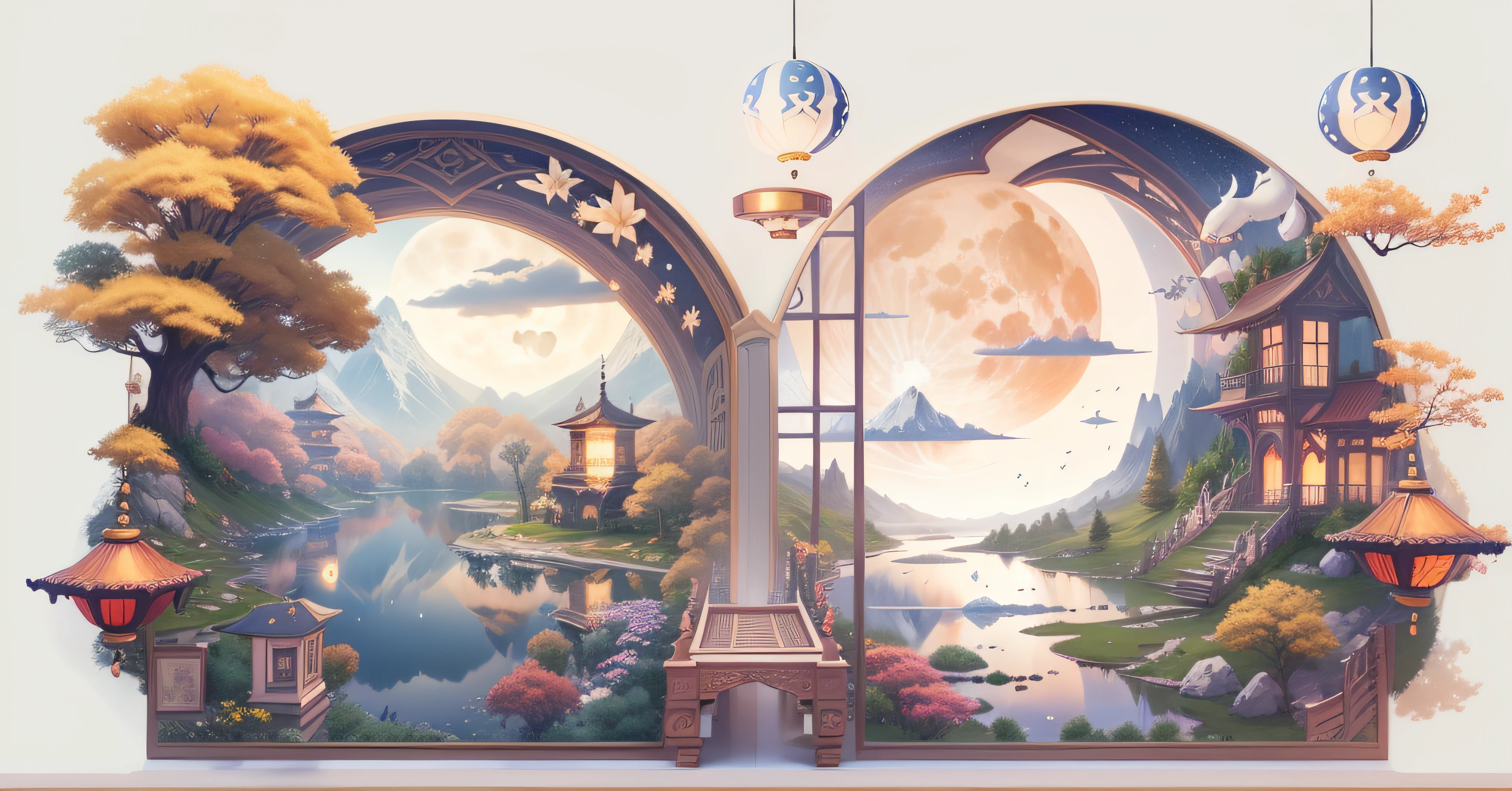 tmasterpiece,Best quality at best,(Very detailed CG unity 8K wallpaper),(Best quality at best),(The best illustrations),paper lanterns、China-style、inside in room,Panoramic window sills、Fluffy white rabbit,(Huge Full Moon、super moon、In the middle of thepicture)、Far Mountain、Cloud、aquarelle、lakes、As estrelas、meteors、poster for、(glowworm),butterflys,(with light glowing),(Particle effect), Isometric 3D, Octane rendering, Ray traching, ultra-detailliert
