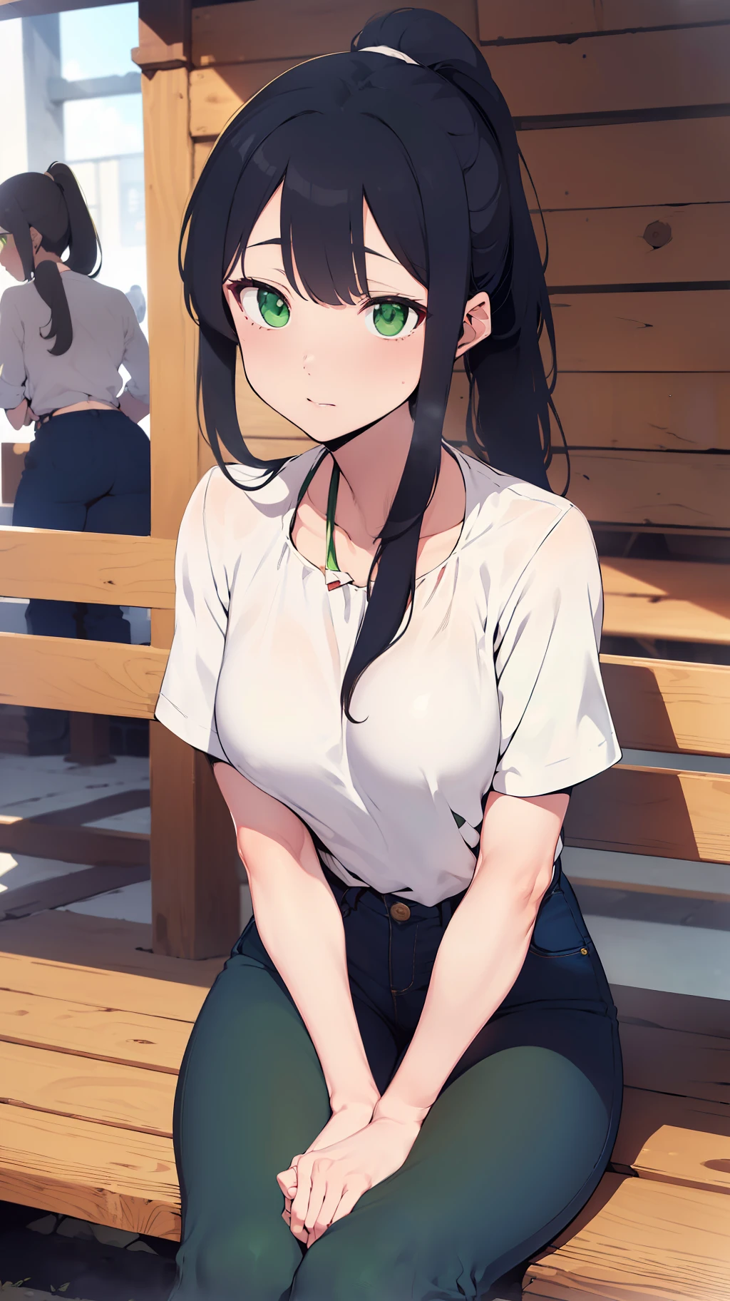 (((one woman,long hair,ponytail,bangs,slender face,sharp eyes,green eyes,detailed eyes,small breast,white blouse,navy jeans))),sitting on thebench,masterpiece,extremely high quality,extremely fine and beautiful,hyper detail,dynamic resolution,sharp focus,anime style,crowd,watching the viewer