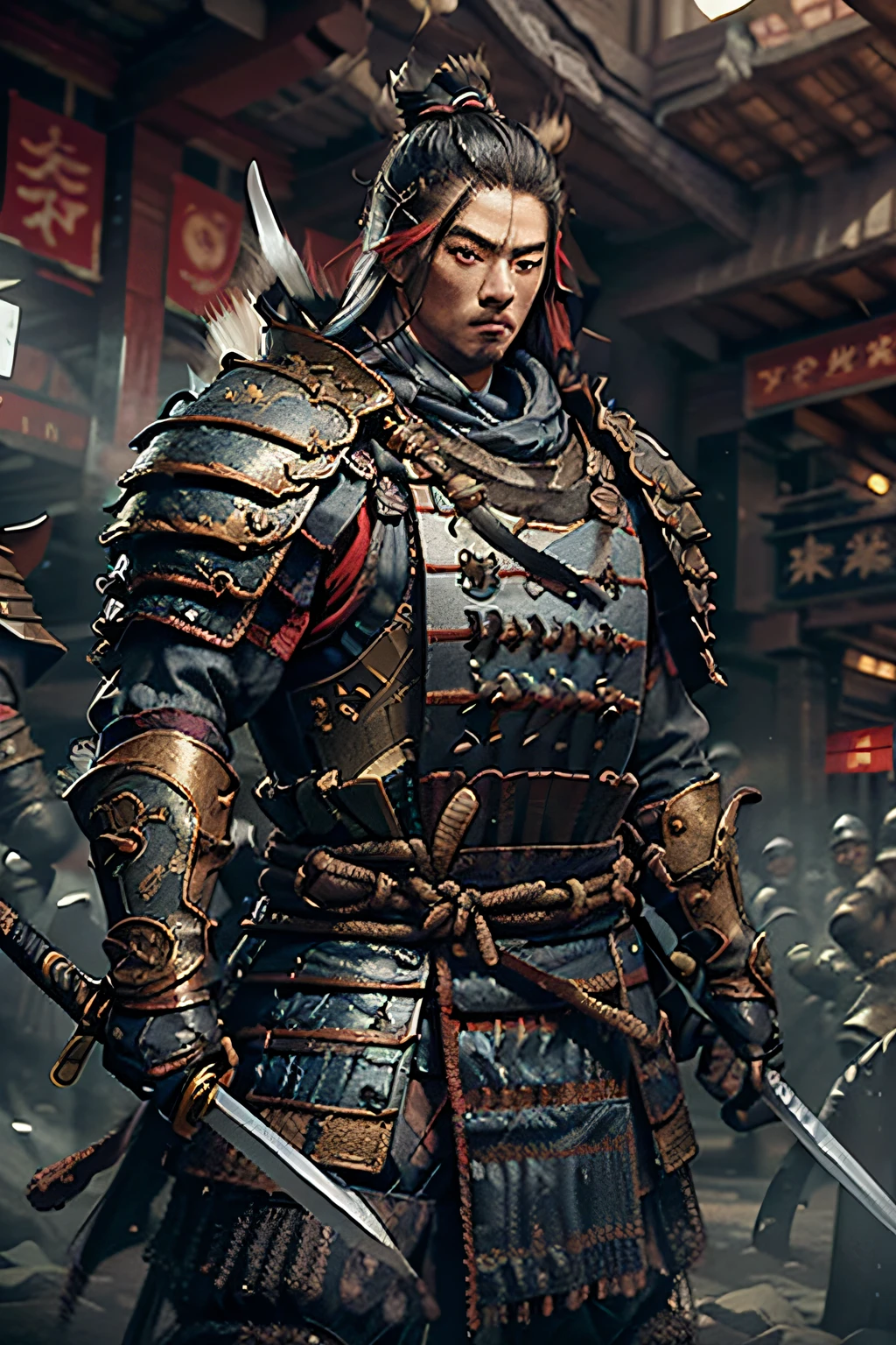 ((masterpiece))), (((best quality))), ((ultra-detailed)), (hyper-realistic), (highly detailed CG illustration), cinematic light, photorealistic, man ((Ninja)) Extremely agile warrior, fitness, intricate eaba detailed, black ninja outfit, two swords