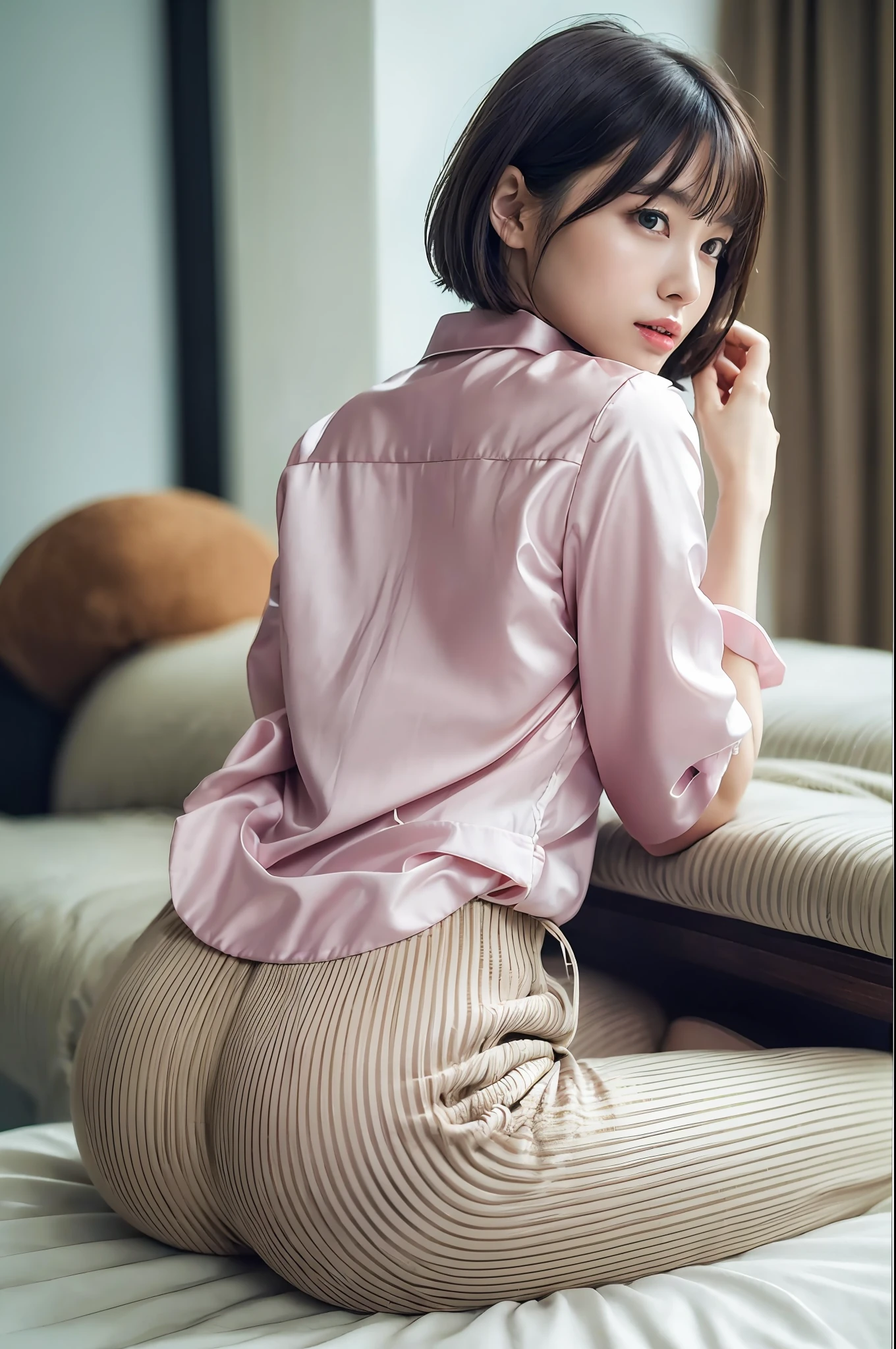 japanese beautiful woman,Ultra detailed skin,Ultra-fine,drooing eyes,high detailing,(short-haired with bangs:1.2),(Photorealsitic:1.4),(Top image quality:2.0),(超A high resolution:1.0), (masterpiece:1.5),(pureerosface:1.5),big eye,Dynamic lighting,the skin is wet,Bright pink and sparkling lipstick,White and beautiful skin,Glossy satin fabric pajamas,The shirt,trouser,20yr old,posterior view,sitting on,s ,sexse,Camera work from behind,buttocurned,With your back turned,
