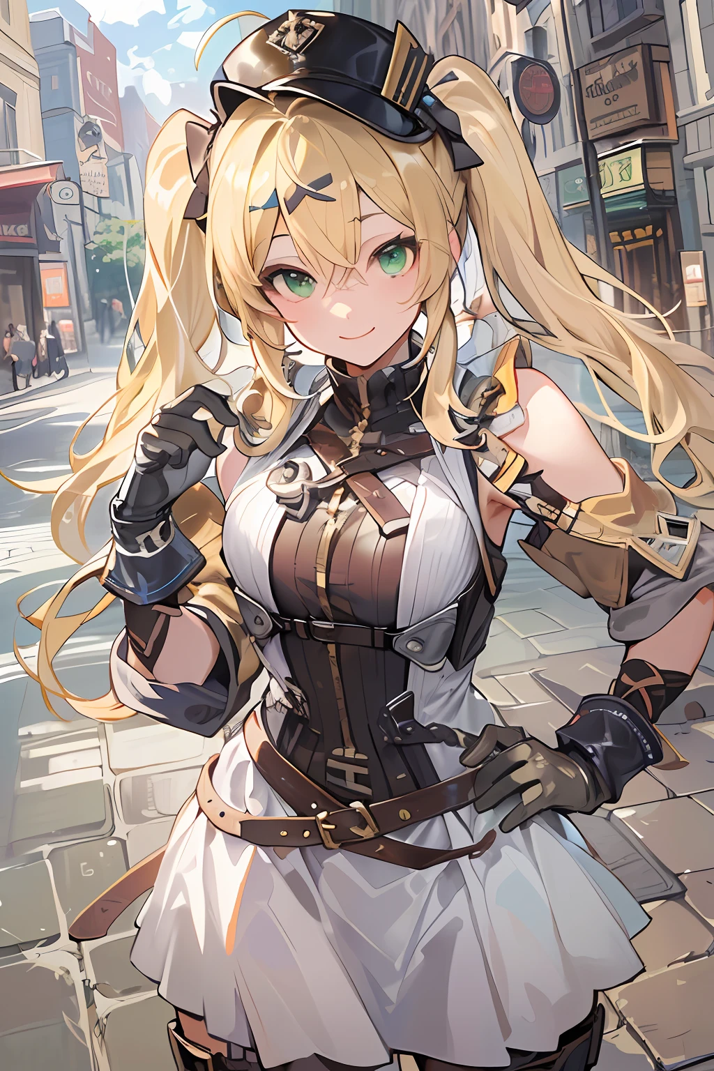 (NSFW:1.2)(best quality, masterpiece, highres,e:1.2)(kawaii)(Beautiful face)(Petite:1.4 ), ((Blonde hair:1.4),Wavy hair, Hair Between Eyes, ((low twintails:1.4)), Braids , side locks, Ahoge, flipped hair )hair ornaments,(Green eyes:1.2) ,Steampunk, (London street fashion:1.1)engineer,(white sleeveless sundress:1.4), Belt, Bracelet , (Leather gloves:1.4)(tighstrap)(Looking up:1.2) ,Cowboy Shot,(Dynamic Angle, (close to viewer:1.2), Focus Face, fish-eye lens,(white back)),(hands on own face),light smile