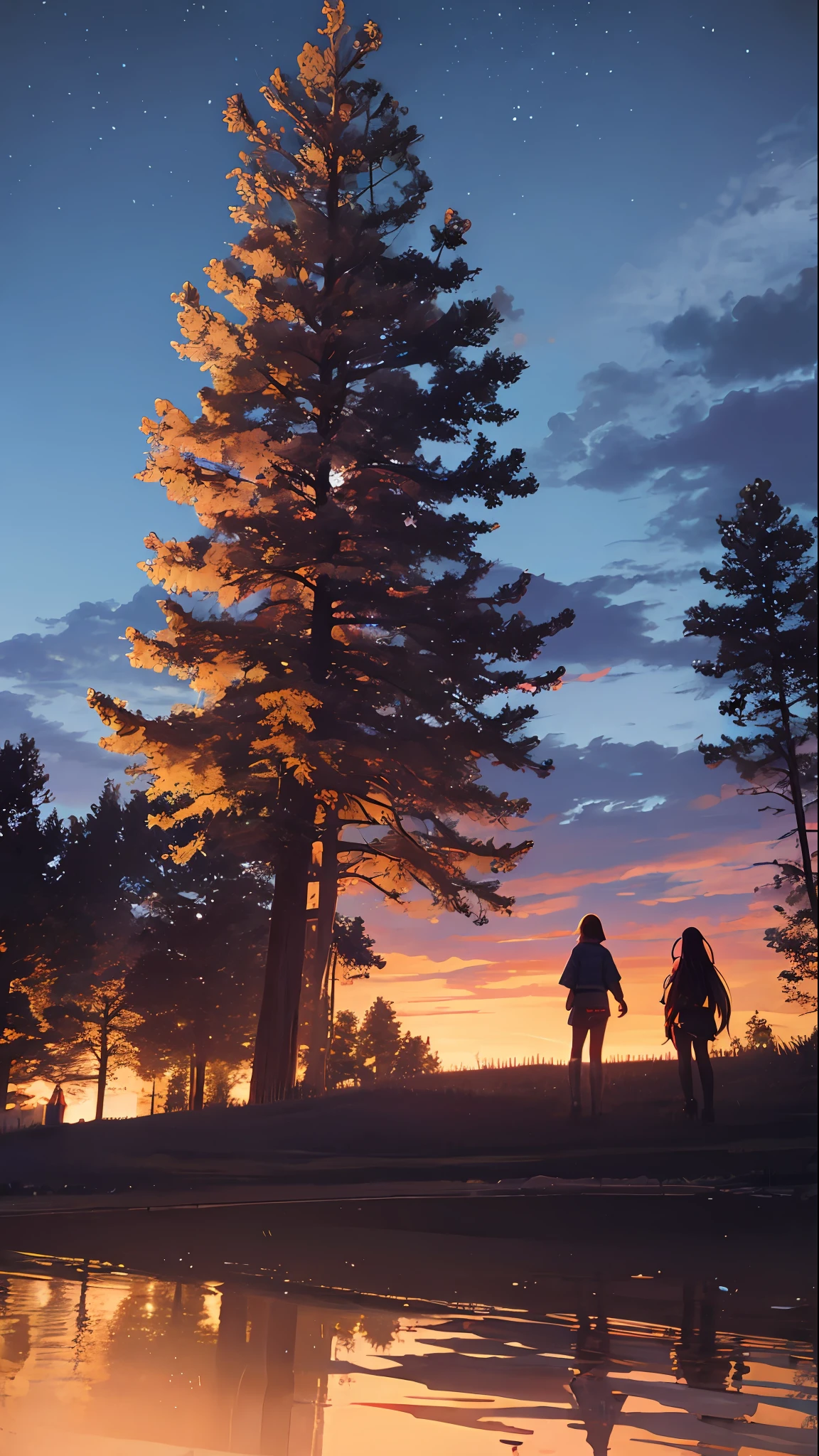 octane,Skysky,As estrelas(Skysky),scenecy,starrysky,the night,1girll,nigh sky,独奏,exteriors,buliding,clouds,galactic,sitted,The tree,Long hair,zona rural,siluette,idyllic