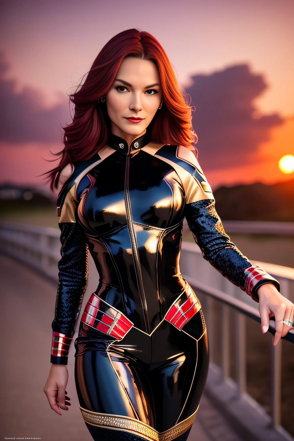 Photo of Famke Janssen as Jean Gray of the X-Men, full body shot, red hair, vibrant colors, X-Men-themed costumes, leather jumpsuit, posing for a photo, Sexy girl, lovely woman, beautiful woman, Beautiful woman, stunning woman, Casual pose, Beautiful girl, attractive girl, sexy look, beautiful young lady, beautiful image, (red lips lipstick), elegant makeup, Sunset, styled by (Steve McCurry), Nikon Z FX device, EF 70mm lens, Cinematic lighting, style long exposure, shot type long, vibrant color scene, photorealistic, Intrinsic, beautiful face, Ultra-detailed face, perfect body, full body, Impeccable, Realistic, highly detailed, Art Station, trend, piece of master, Realistic face, realistic skin, detailed eyes, great art, ultra realistic n-9 render, 4k, 8k, 16k, 20K, HDR, UHD, 64k, perfect lighting, studio lighting, photorealistic, hyper realistic, symmetrical face, Unreal engine, Bokeh, High Resolution Scanning, professional photography