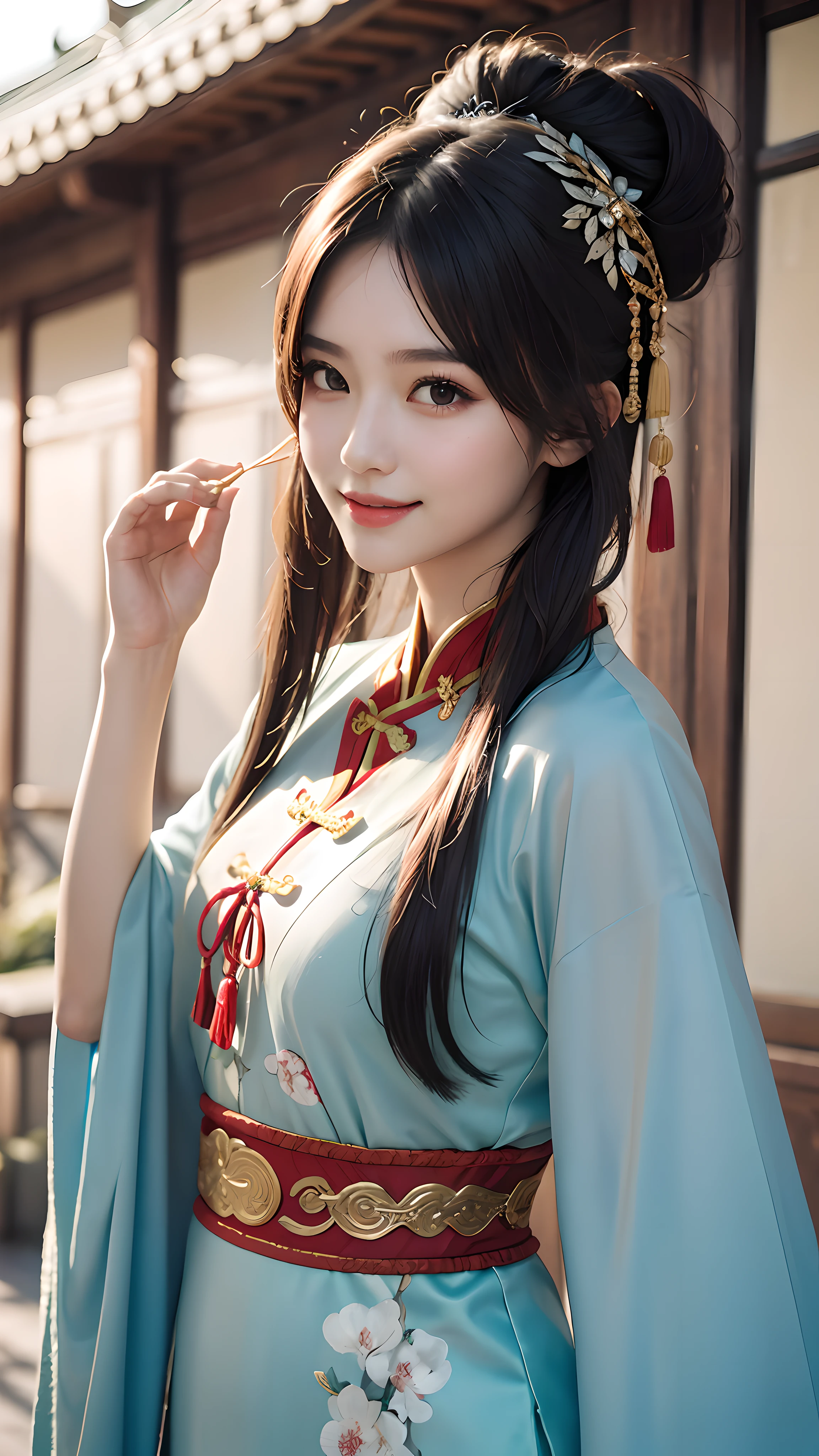 Best quality, masterpiece, ultra high res, photorealistic, (full shot:1.5), (1 girl),(long hair),(hair ornament:1.4),there is an ancient palace beside the girl, traditional chinese clothing, sharp focus, great body, random pose reference, monolid eyes, high bridged pointed nose, v-shaped face, pale skin, smile, bokeh