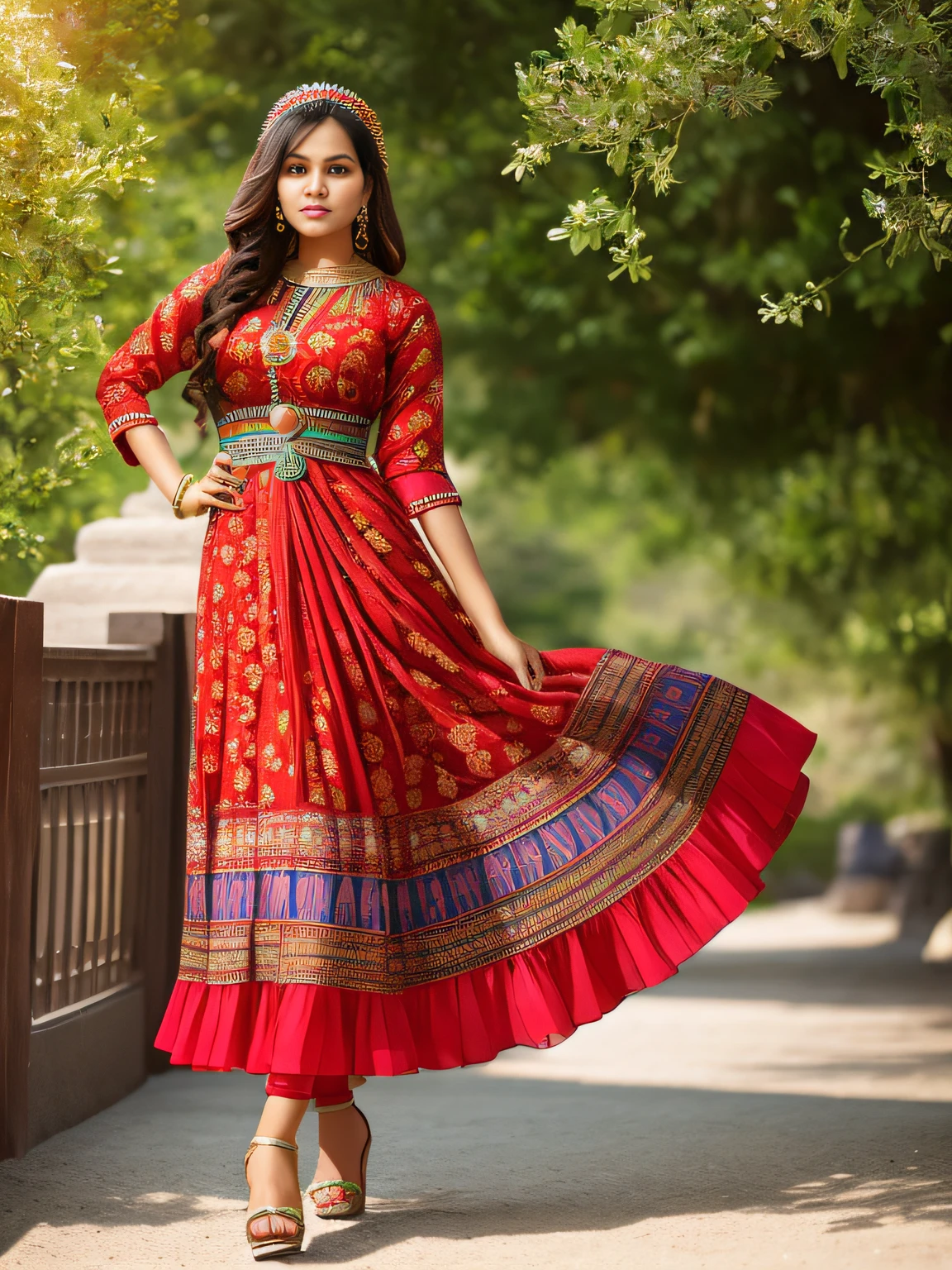 full-length photo Of A Beautiful Woman, Indian - Mexicans - Egyptian - Western - Japanese - French  Mixed Full Sleeve Clothing, Vibrant, Depth of field, In Beautiful Dress, (( Natural Light)), (( Sunny Day )),(( Beautiful Clear Brown Eyes )), long Brown Hair, (( Unique Hair Ornament )), In Centre, (( Photorealistic )), DSLR, Highly Detailed, 4k, Extreme Details, Realistic, (( Wide Shot )), full-length photo, full-body shot, Unique Design Patterns, Indian Design Pattern, Floral Pattern Indian Style, (( colorful )), ((( Fashion Poses ))), Fashion Designs