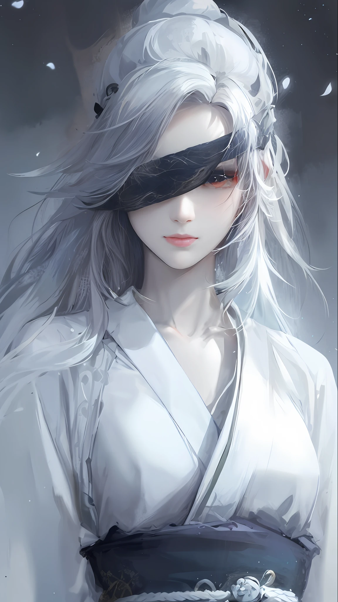 close-up of a woman with white hair and white mask，Belle peinture de personnage，Red headband，Light，Guviz，Guviz-style artwork，white-haired god，Yang J，Epic and beautiful character art，Stunning character art，FAN Qi，Wu Zhun Shifan，Guvitz at the Pixiv Art Station