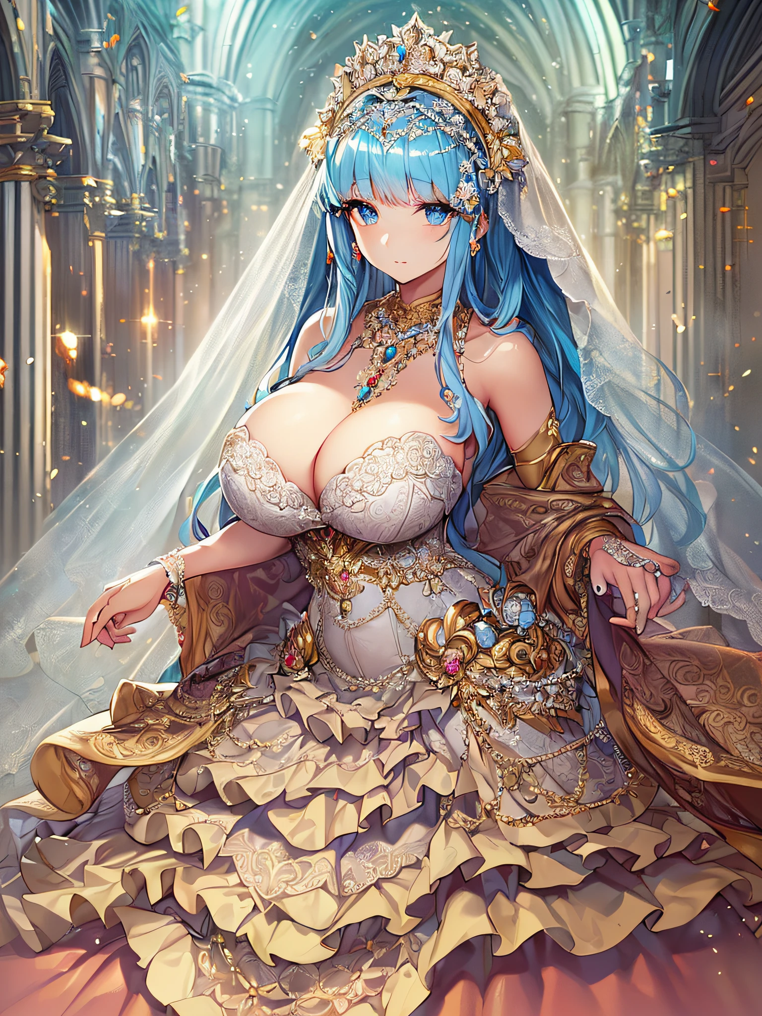 ((anime artstyle)),(Masterpiece),(Best Quality), (Super Detail),((Very Delicate and Beautiful)),Focus on character,Dynamic Angle,Looking at viewer,((Solo)),standing,((full body)),((one princess in gorgeous ball gown wedding dress with voluminous skirt)),((June bride)),detailed face and eyes,jewel-like eyes,((Very Long voluminous Hair)),gorgeous embroidery and lace,((gorgeous corsage)),See-through,(Gorgeous jewelry ornaments),luxury hair ornament,luxury tiara with jewels,ornate ruffles,((gigantic breasts,Long breasts)),indoor,church wedding,((full body)),hoop skirt,crinoline,very long wedding veil,(((fusion of jeweled wedding dress and gorgeous embroidery rococo ballgown)))