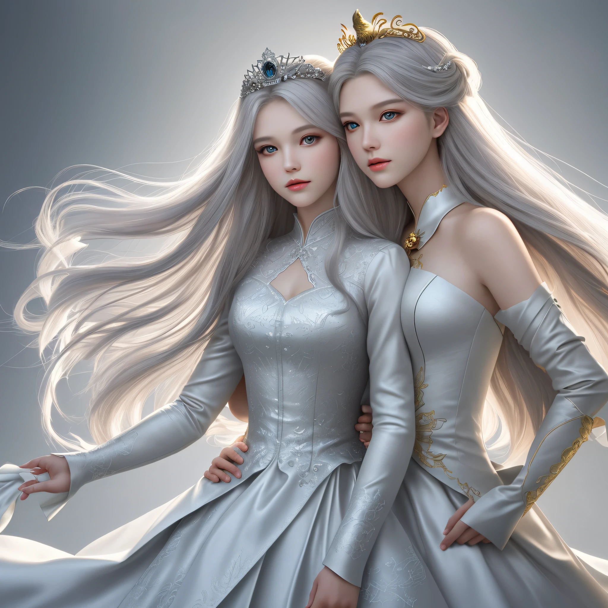 (tmasterpiece),(Best quality at best),(Super refined),(illustratio),(Extremely refined and beautiful),(dynamic angle),White fox background(Beautiful and delicate eyes),delicated face,Half-body close-up,Messy flowing gray hair,Bridal tiara on the head,adolable(Fantasy wind)(complexdetails),20 years old Golden auspicious bird