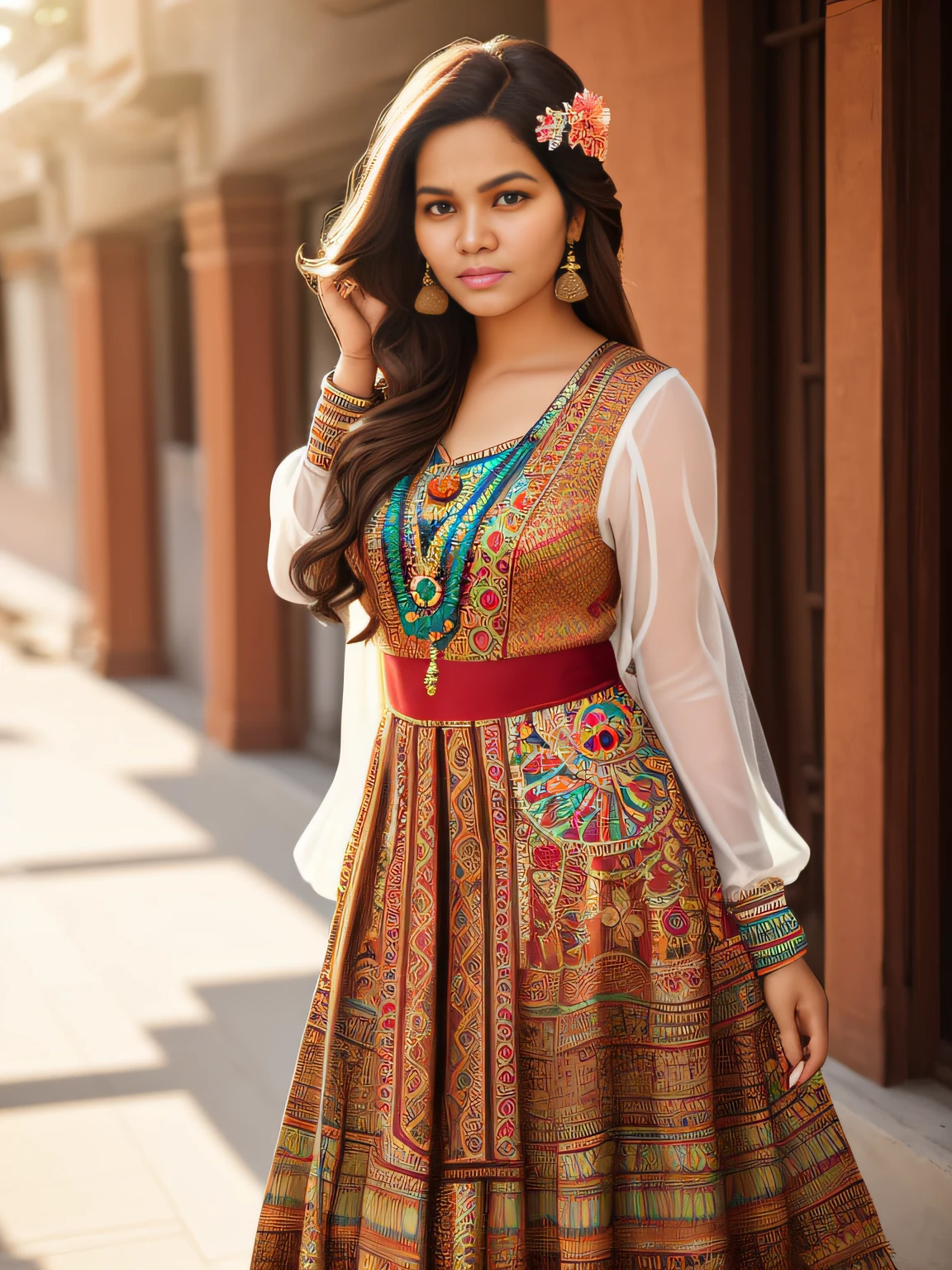 full-length photo Of A Beautiful Woman, Indian - Mexicans - Egyptian - Western - Japanese - French Mixed Full Sleeve Clothing, Vibrant, Depth of field, In Beautiful Dress, (( Natural Light)), (( Sunny Day )),(( Beautiful Clear Brown Eyes )), long Brown Hair, (( Unique Hair Ornament )), In Centre, (( Photorealistic )), DSLR, Highly Detailed, 4k, Extreme Details, Realistic, (( Wide Shot )), full-length photo, full-body shot, Unique Design Patterns, Indian Design Pattern, Floral Pattern Indian Style, (( colorful )), ((( Fashion Poses ))), Fashion Designs
