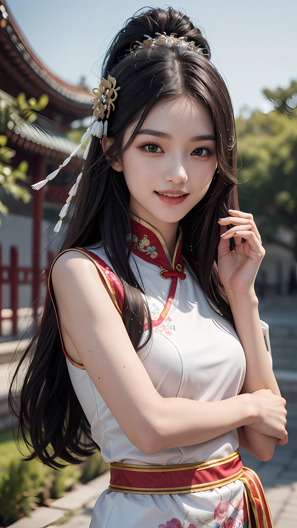 Best quality, masterpiece, ultra high res, photorealistic, (full shot:1.5), (1 girl),(long hair),(hair ornament:1.4),there is an ancient palace beside the girl, traditional chinese clothing, sharp focus, great body, random pose reference, monolid eyes, high bridged pointed nose, v-shaped face, pale skin, smile, bokeh