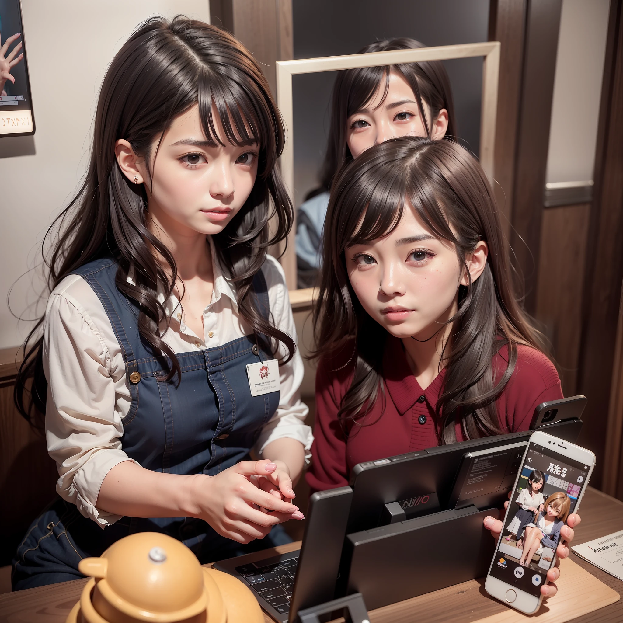 Two Asian women looking at laptop screen,And a woman watching, Realistic anime 3 D style, yoshitomo nara and aya takano, japanese maid cafe, perfect android girl family, mysterious coffee shop girl, two beautiful anime girls, nixeu and sakimichan, 3 d anime realistic, Photorealistic anime, creepy uncanny valley