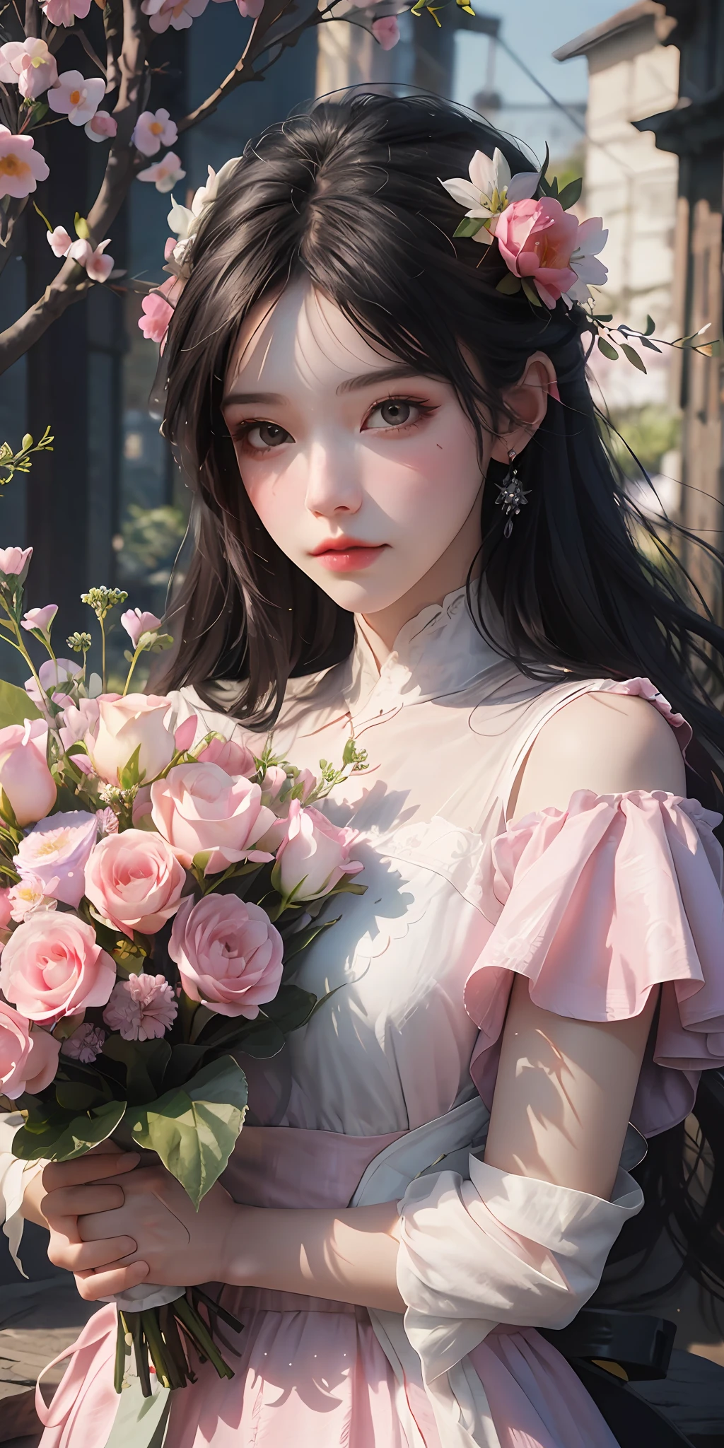 There was a girl in a pink dress holding a bouquet of flowers, Guviz, Guviz-style artwork, ethereal flowerpunk, render of april, guweiz masterpiece, Kawaii realistic portrait, With flowers, with bloom ethereal effects, belle delphine, fairy core, fantasy aesthetic, with frozen flowers around her
