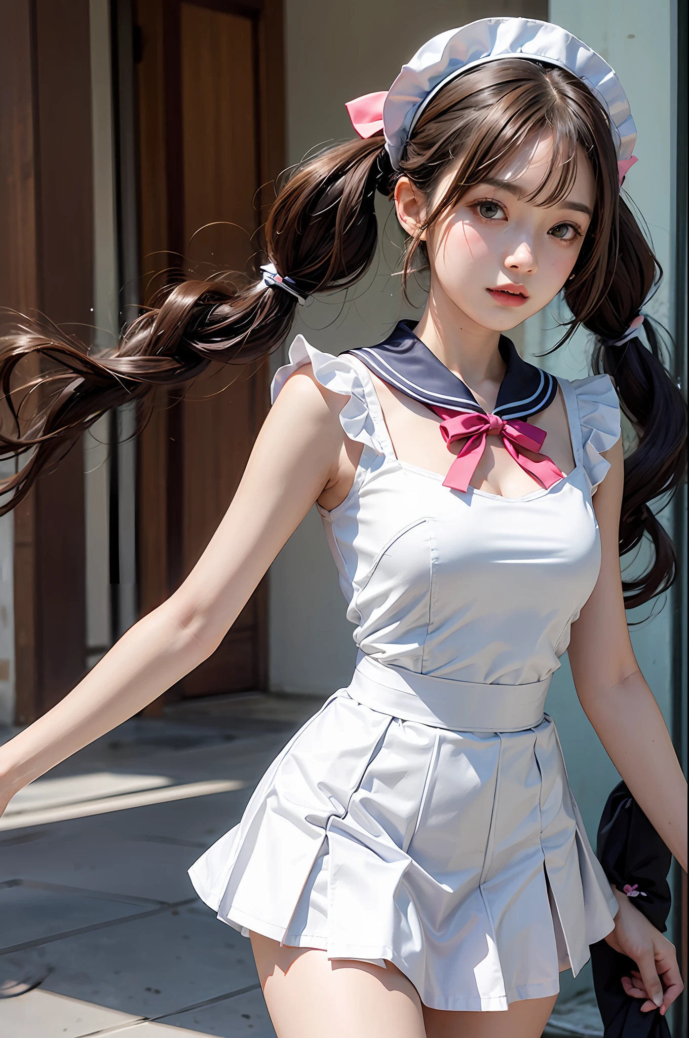 1girll,twintails,brown hair,Qi bangs,curlies,maid,Flying,White sailor suit and short skirt,pink bows,-yeld fee model,Side,