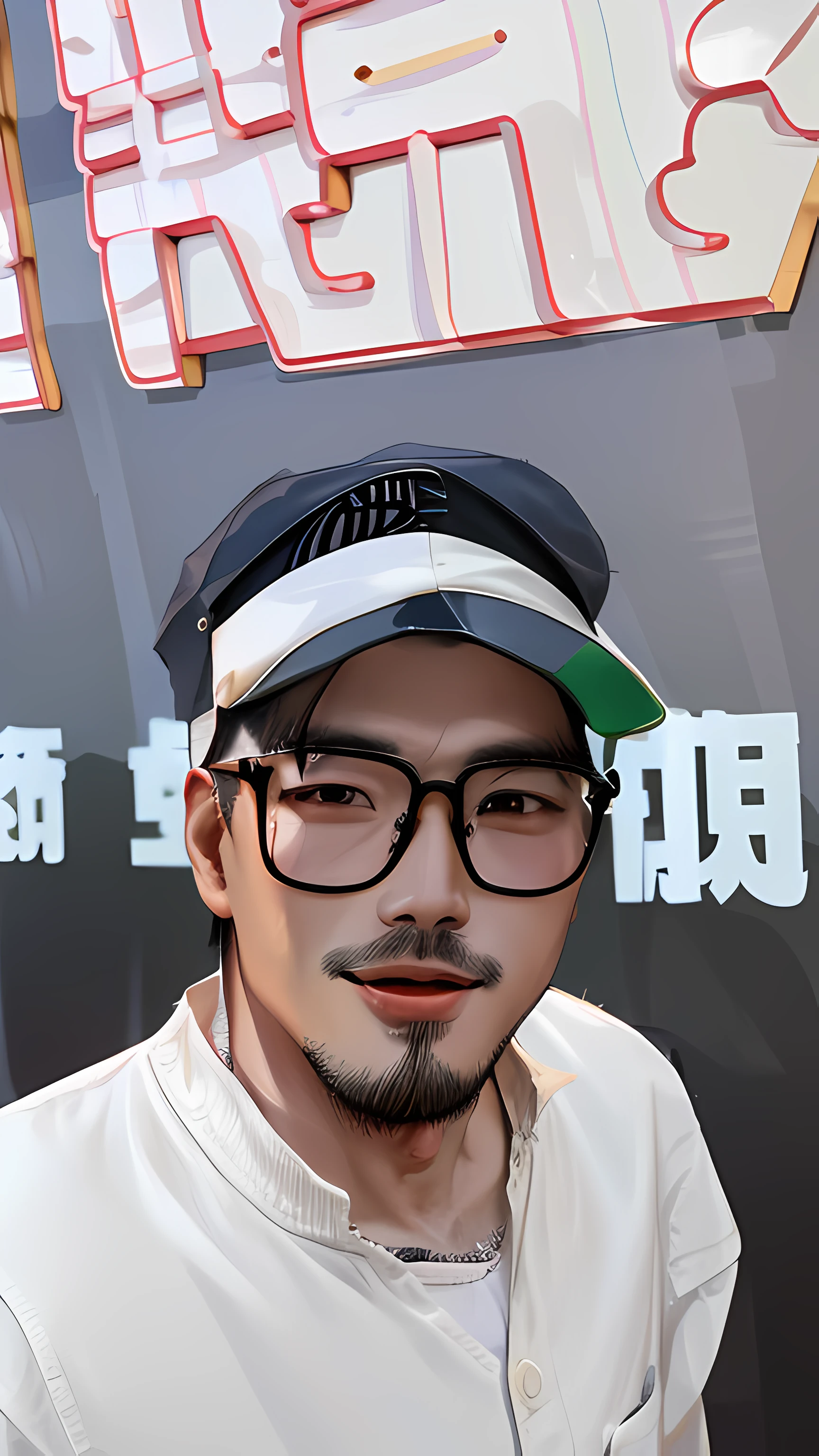 There was a man wearing a hat and glasses standing in front of a sign, zeng fanzh, 3 2 - year - old, chinese artist, 2 9 years old, xintong chen, 2 8 years old, Chiba Yuda, huifeng huang, 38 years old, Middle metaverse