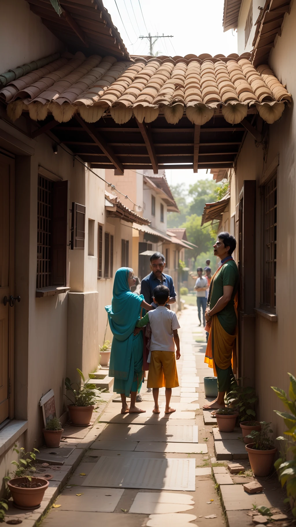 A indian family scolding their child outside a house.