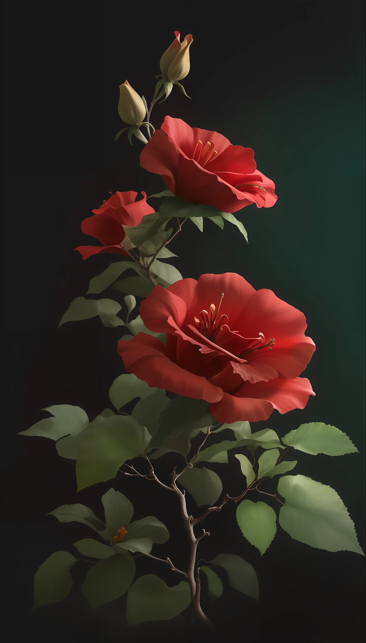 hibiscus flower blooming on a gnarled branch against a grey background, simple background, in the style of light orange and light beige, minimalist images, photography installations, paleocore, green and crimson, hyper-realistic, poetic intimacy