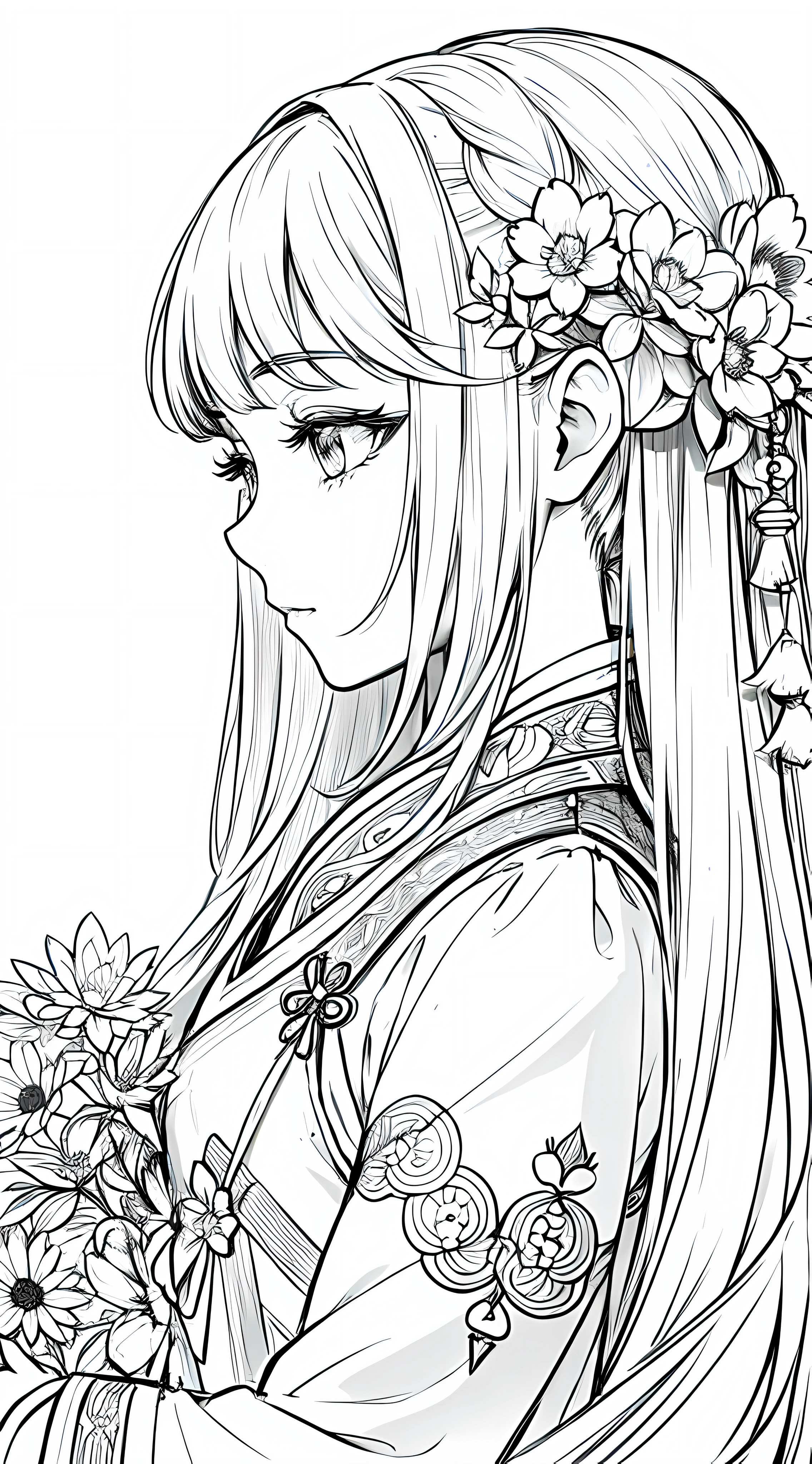 masterpiece, acura, doll, solo, hanfu, long hair, profile close-up, flower line drawing background, white background, monochrome, line drawing, ((sketch))