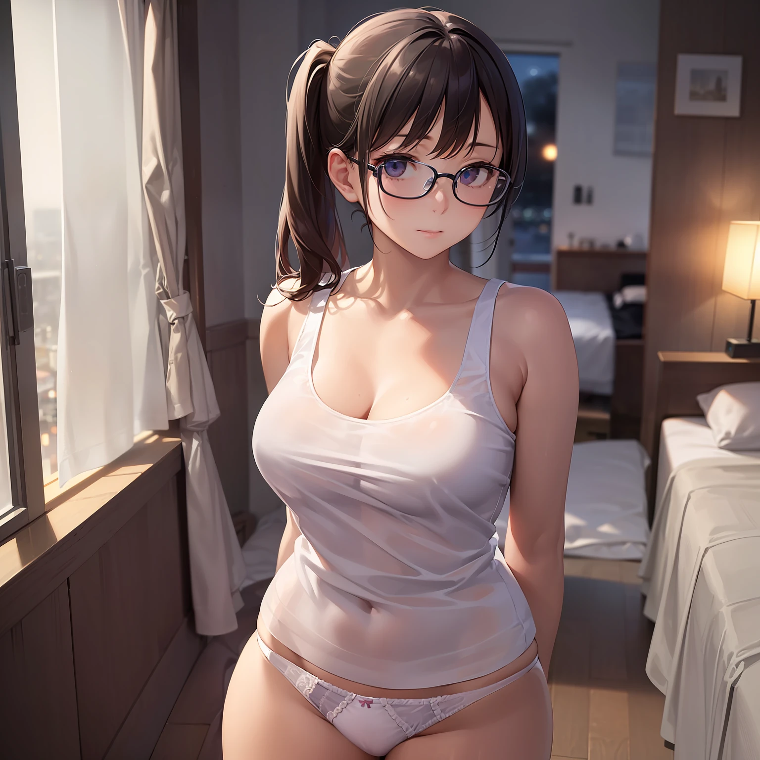 (​masterpiece、top-quality、hight resolution、photos realistic、real looking skin:1.1)、1 Japan Girl、独奏、full bodyesbian、thicc、Beautiful eyes、Shining eyes、eye glasses、embarrassed from、short twintails、no bra、(Sheer white tank top:1.5)、(Fully exposed panties:1.5)、is standing、(arms behind back:1.5)、(Bedroom at night:1.5)、(Simple cotton panties:1.5)、nsfw